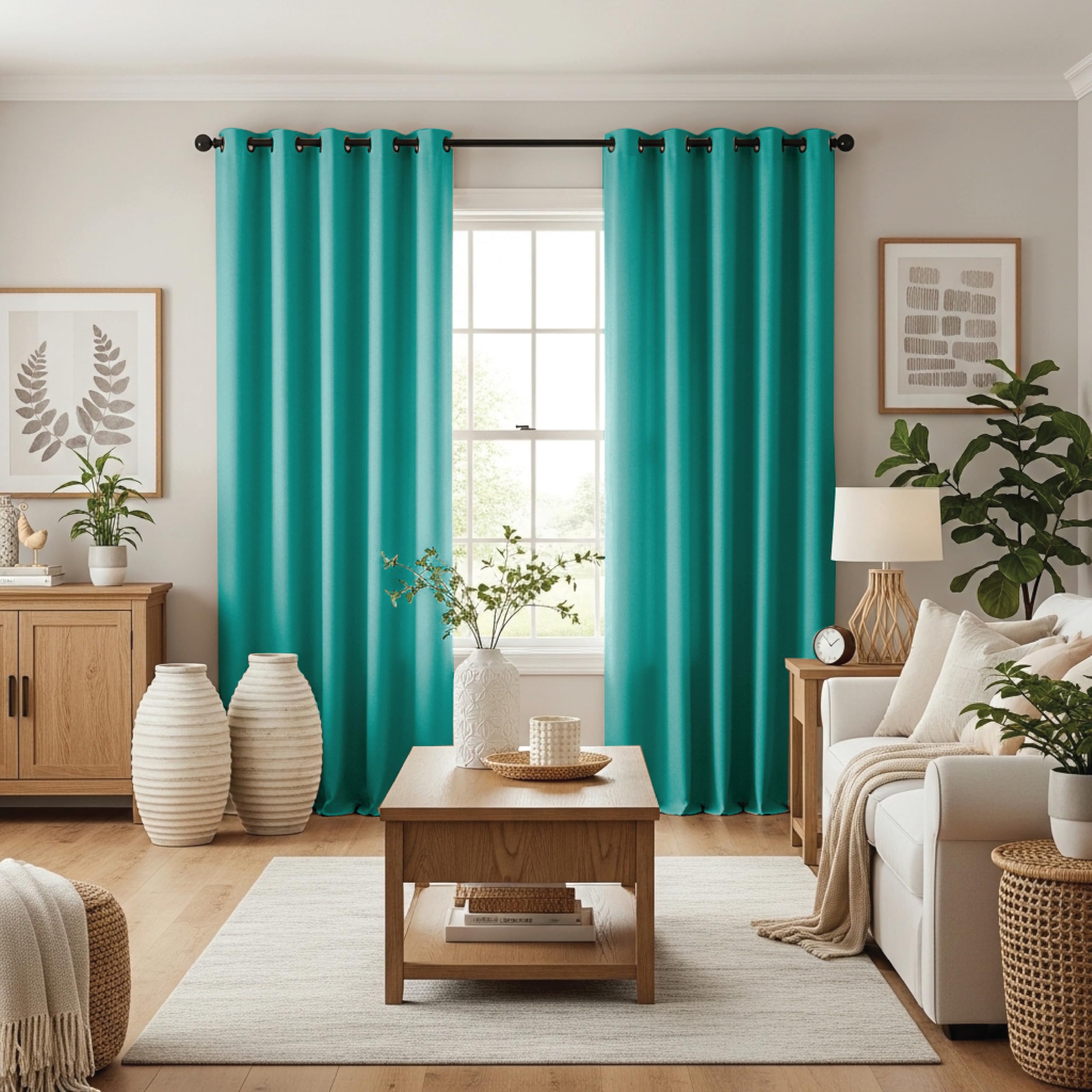 Ev Dekor® EVCRTN01 Thermal Blackout Curtains for Bedroom, Offices, Hotels Windows 90"(228cm) Wide X 90"(228cm) Long, Turquoise - 2 Panels with Tie Backs