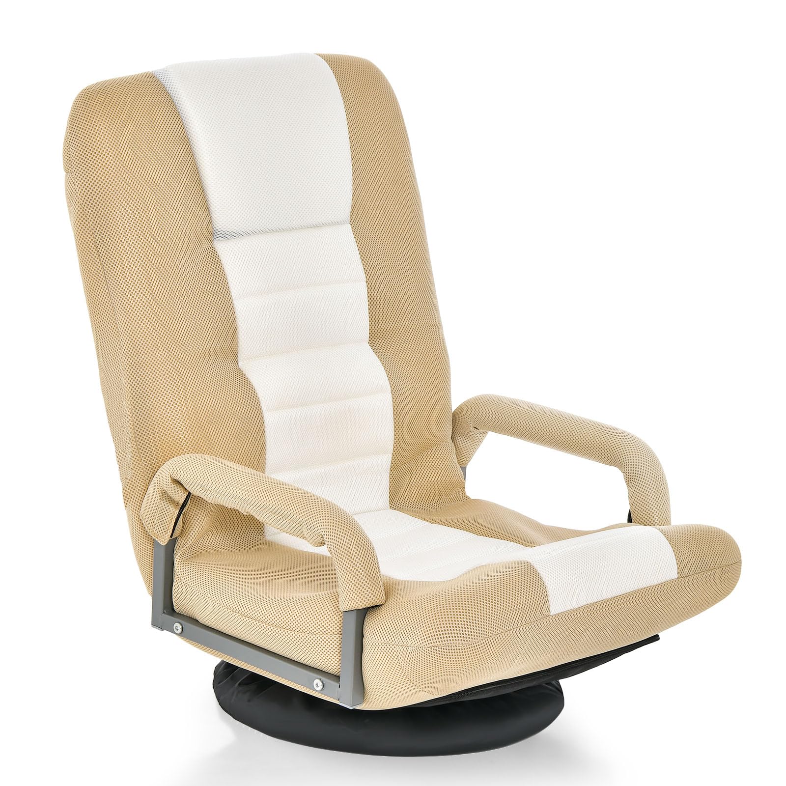 COSTWAY Folding Sofa Chair, 360 Degree Swivel 6-Position Adjustable Lazy High-Back Seat with Handrails, Home Office Living Room Study Furniture Reclining Lounge Chair (Light Brown)