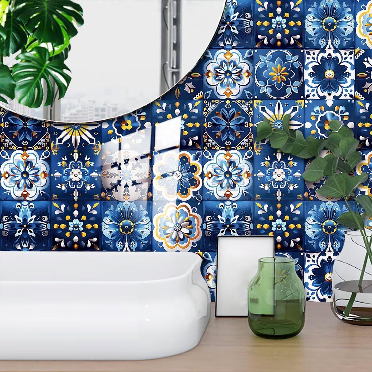 Self-Adhesive Modern Bohemian Wall Decals 16 PCS (6x6 Inch), DIY Peel and Stick Waterproof Vinyl Tile Stickers for Kitchen & Bathroom, Removable Backsplash Murals in Mediterranean Design