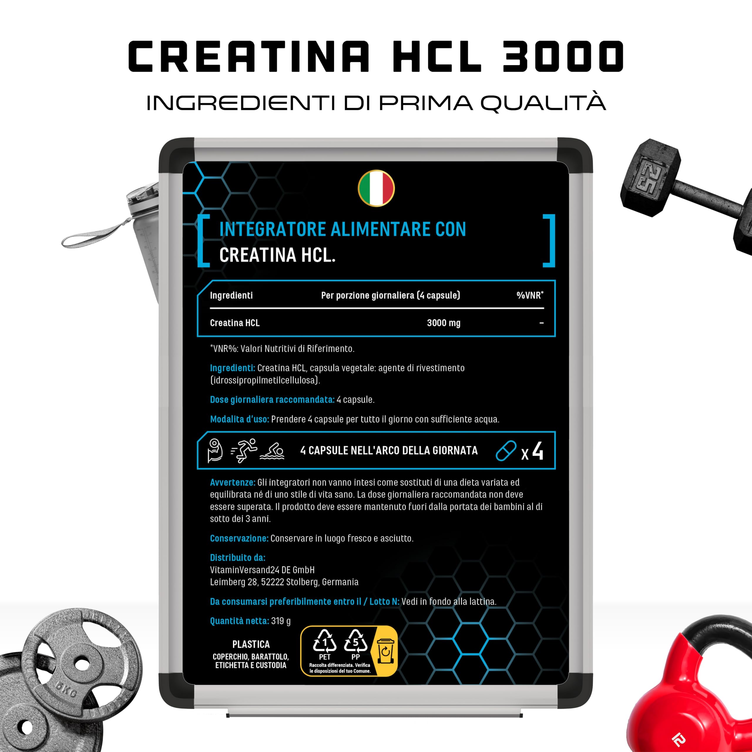 Creatina cloridrato - 365 Capsule Vegane - Alto Dosaggio di 3000 mg - Puro Cloridrato di Creatina - Alto Assorbimento - Alta Biodisponibilità