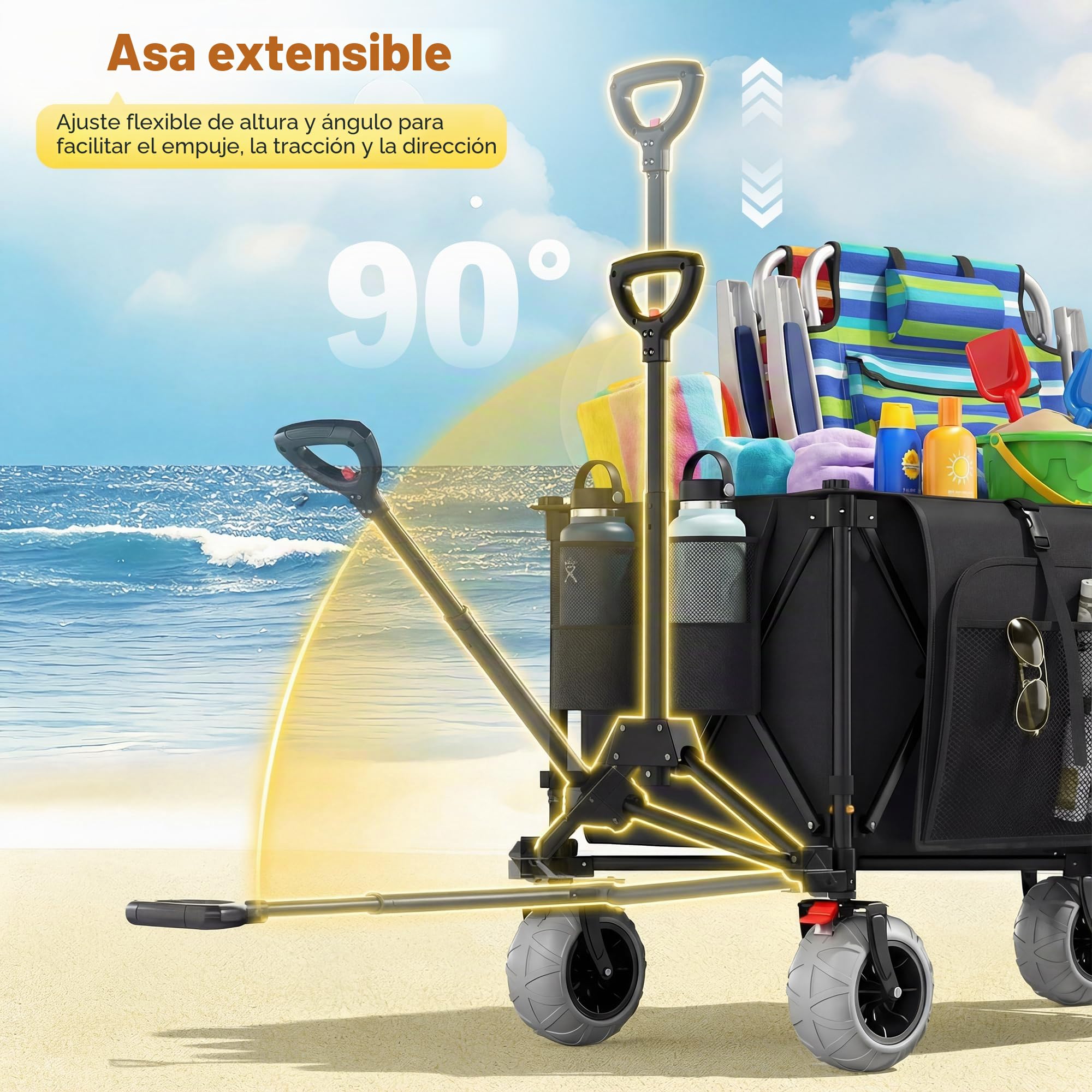 Devoko Carro Playa Plegable con Ruedas Todoterreno 200L 150 kg,Carrito Playa de PU extraanchas 21,5x10 cm, Carro para la Playa | asa Ajustable giratoria 90°para Playa,Camping,Compras(Negro)