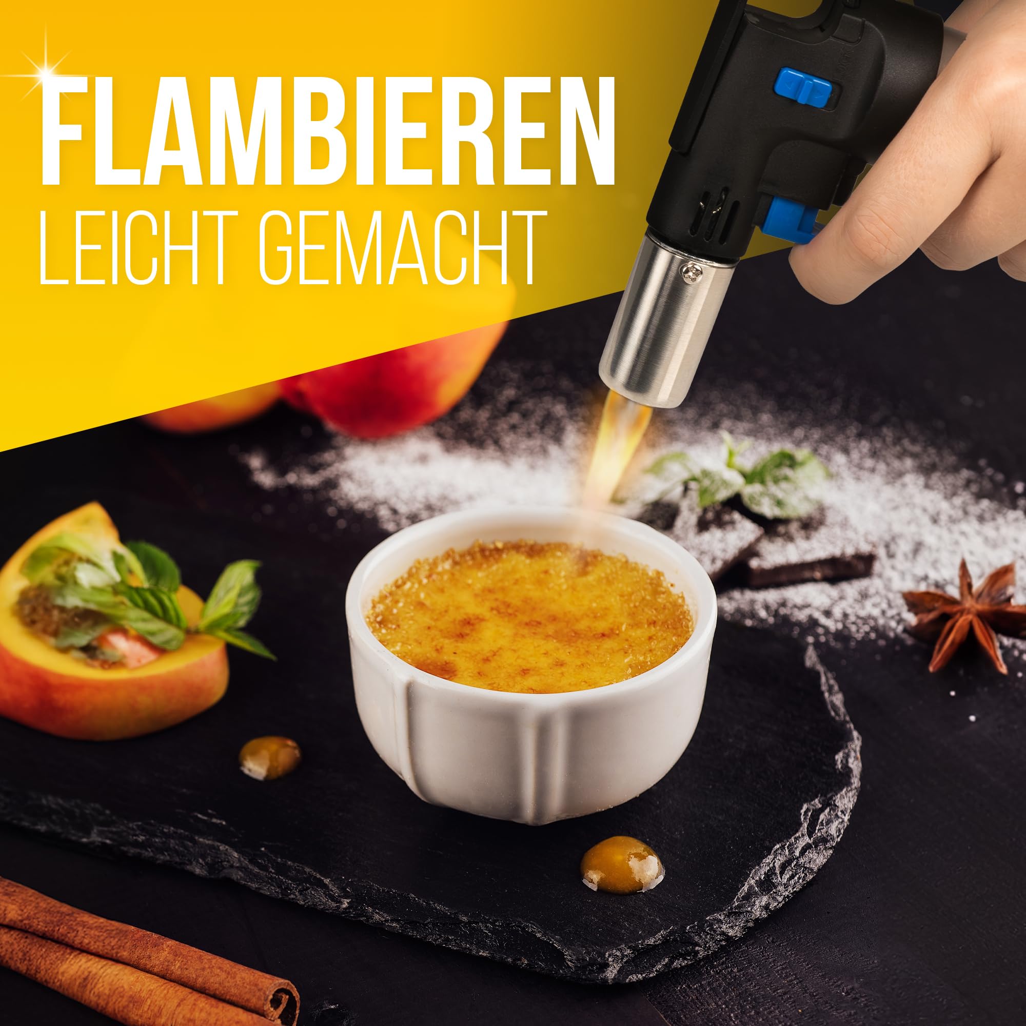 MAGNUM® Flambierbrenner [inkl. 300 ml Gas ] 1300 ∘C – Premium Creme Brulee Brenner, nachfüllbar mit Sicherung – Ideal zum Karamellisieren, Flambieren & Bräunen