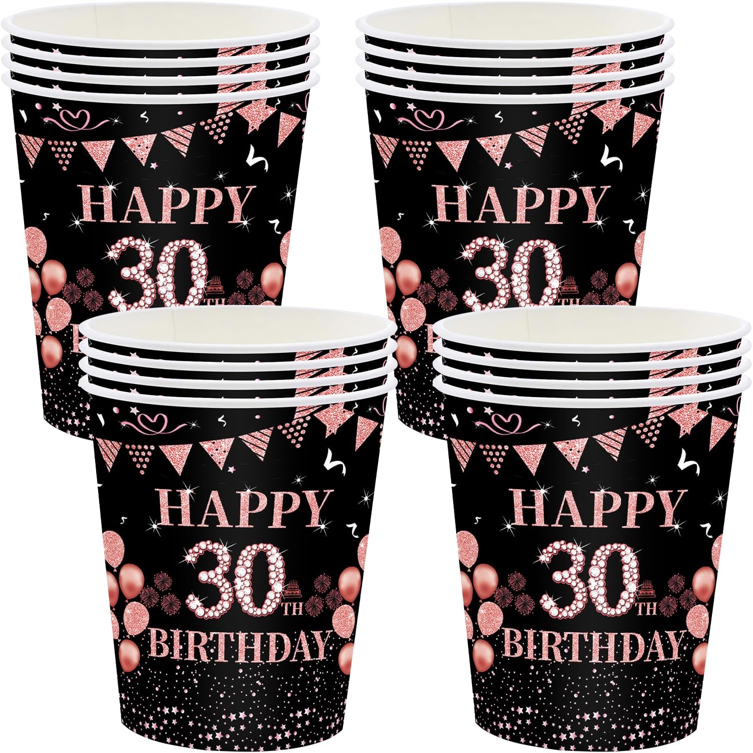 16Pack Paper Cups 30th Birthday,Black Rose and Gold Cups 235ml,Disposable Party Cups Paper Cups Black Rose Gold 30th Birthday Cups Party Tableware for Women,Kids,Her 30th Birthday Party Supplies Table