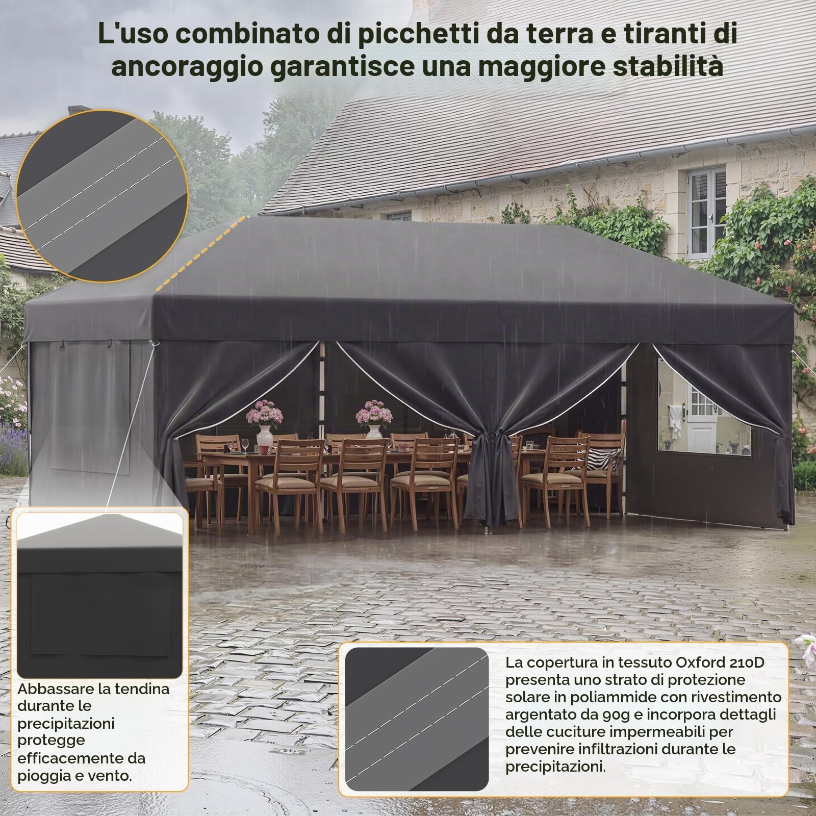 JUMMICO Gazebo 3x6 Pieghevole Impermeabile｜Zanzariera Arieggiata Anti-Insetti｜Robusto, Durevole, Impermeabile e Anti-UV｜Installazione e Rangement Rapidi｜Ideale per Cortile, Campeggio e Altro｜Grigio