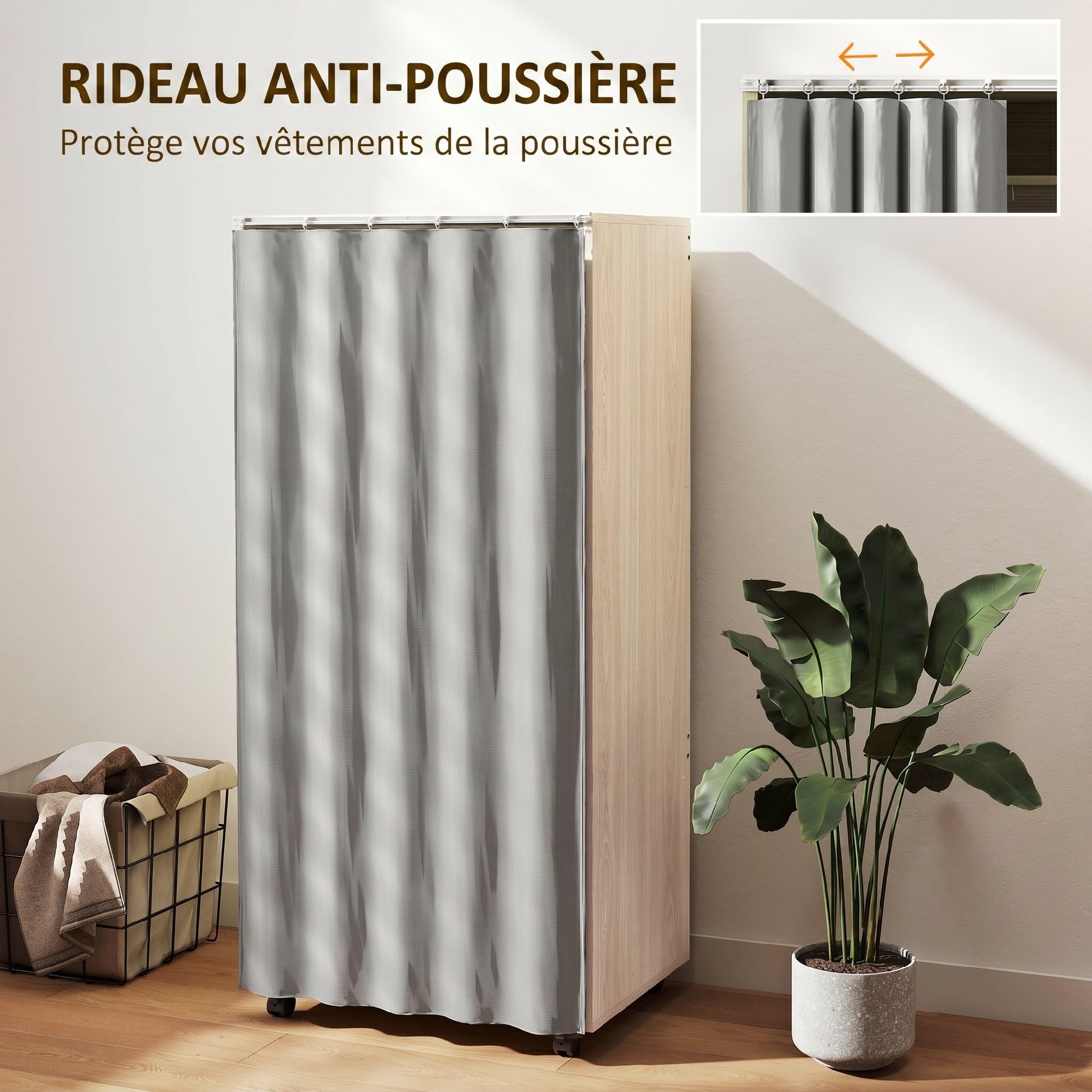 HOMCOM Armoire penderie mobile dressing avec rideau armoire de rangement 4 roulettes avec tringle de suspension et étagères, penderie vêtement roulant pour chambre, 60 x 40 x 128 cm effet bois naturel