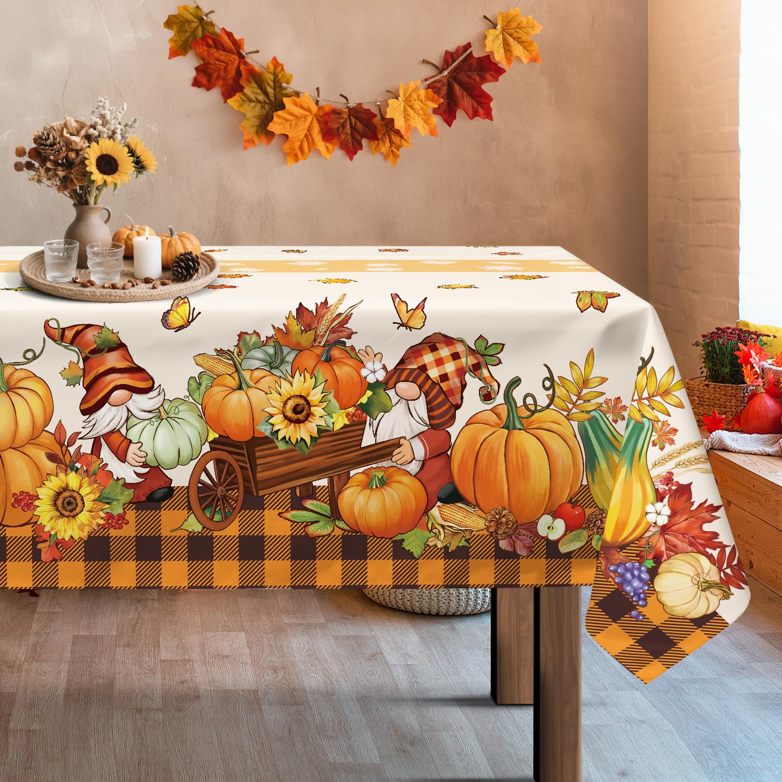 Arquiel Fall Gnome Leaves Tablecloth Waterproof, Harvest Autumn Pumpkin Table Cloth Rectangle, Washable Table Cover for Party Decor Kitchen Decoration (140x180cm)