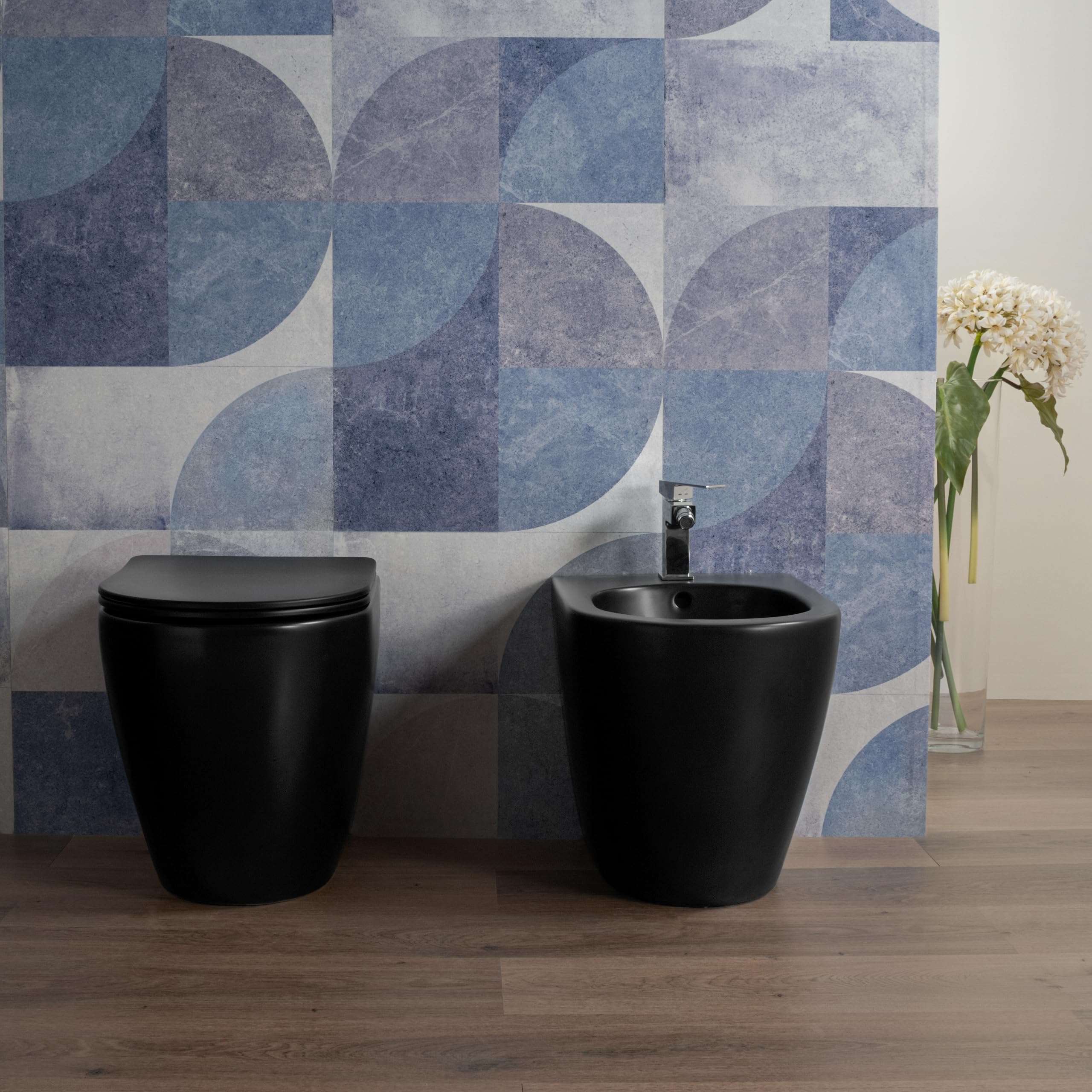 Coppia Sanitari bagno a terra in Ceramica Nero Opaco - WC Rimless, Bidet, Sedile Soft Close, Sgancio Rapido, Risparmio Idrico, Fissaggi Inclusi, Installazione Parete o Pavimento - Mod. BlackFloor