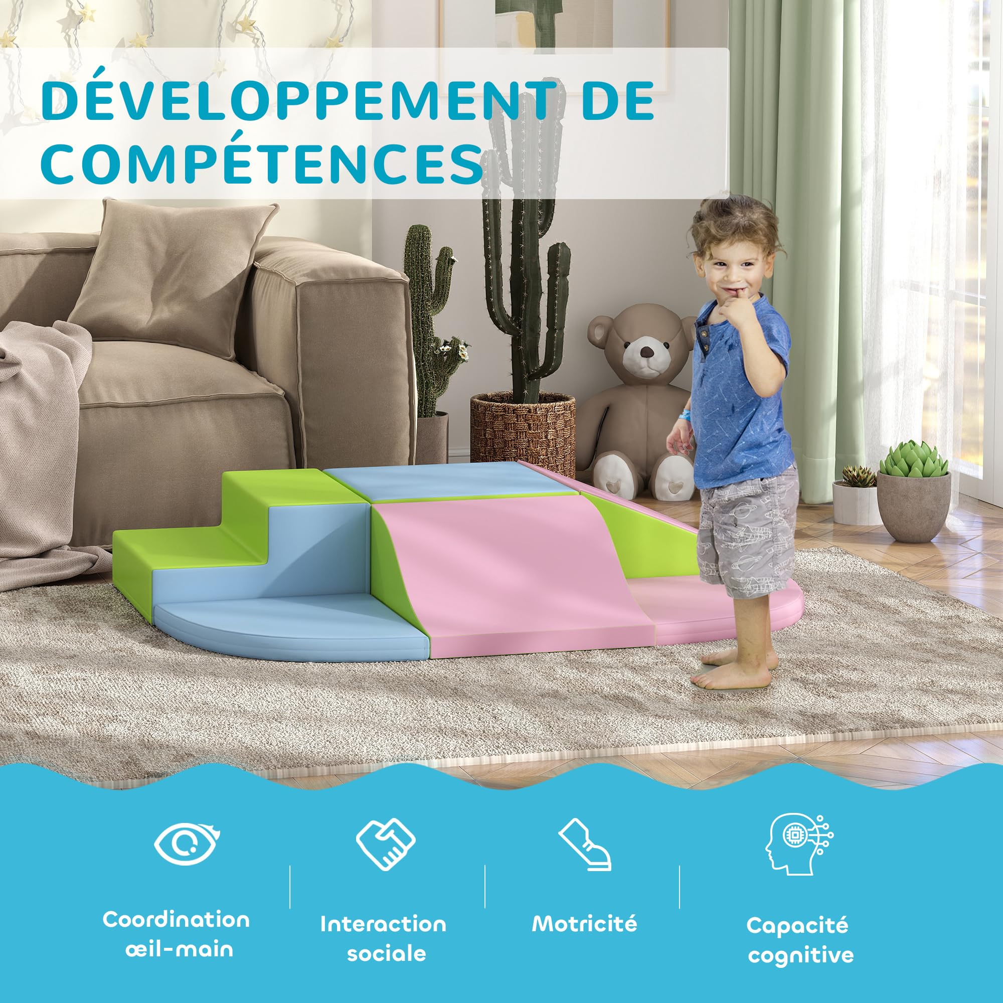 HOMCOM Baby-Motorik-Parcours 6PCS, Baby-Motorikmodul aus EPE-Schaumstoff mit kunststoffbeschichtetem Bezug, Schaumstoffbausteine, Lernspielzeug für Kinder im Vorschulalter, Mehrfarbig