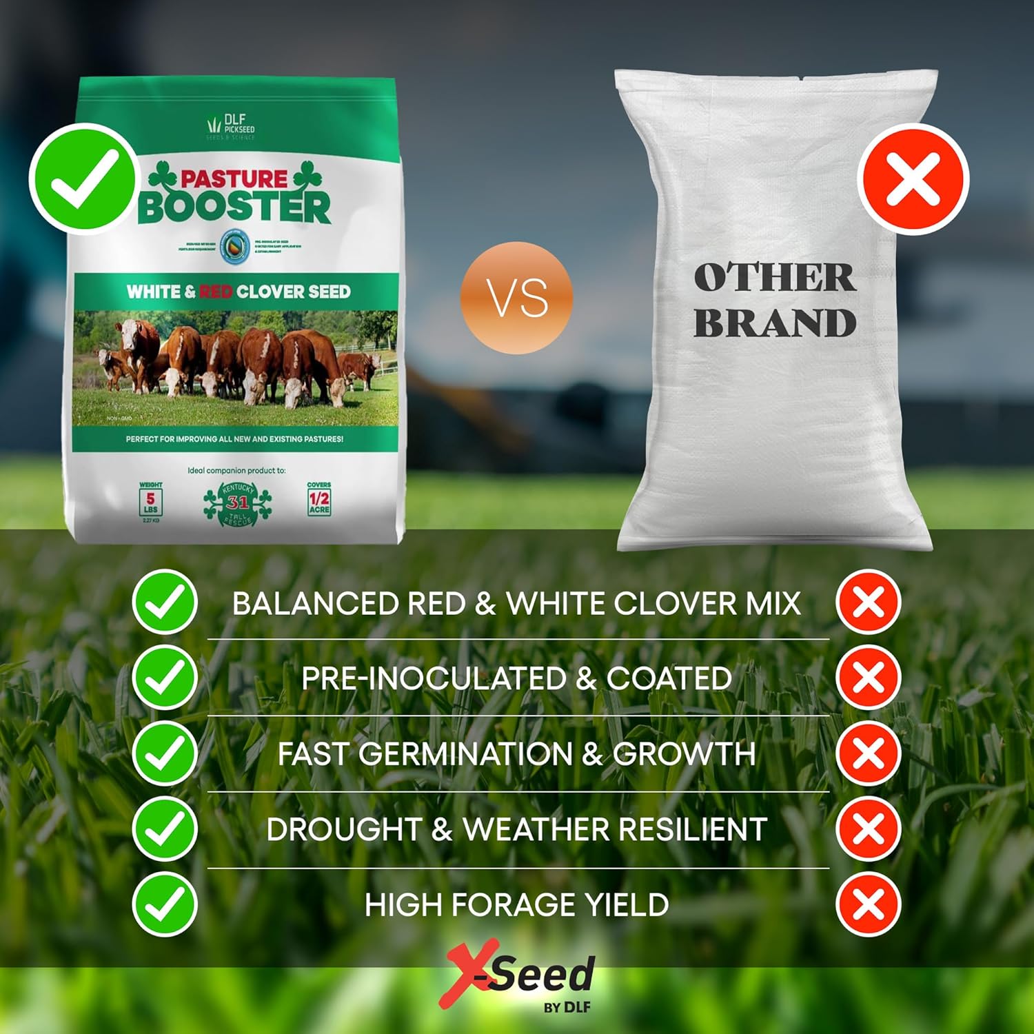 DLF Pasture Booster Clover Seed Mixture - Premium Clover Seed for Pastures, Livestock, Horses, Providing Protein & Essential Nutrients Enhance Soil Health - (White & Red Clover) 5 lbs, 0.21 cubic feet