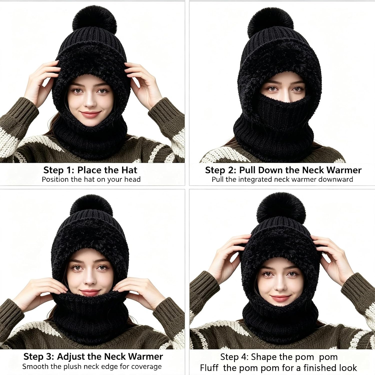 Fuzzy Knit Winter Hat Neck Face Cover Integrated Design Black