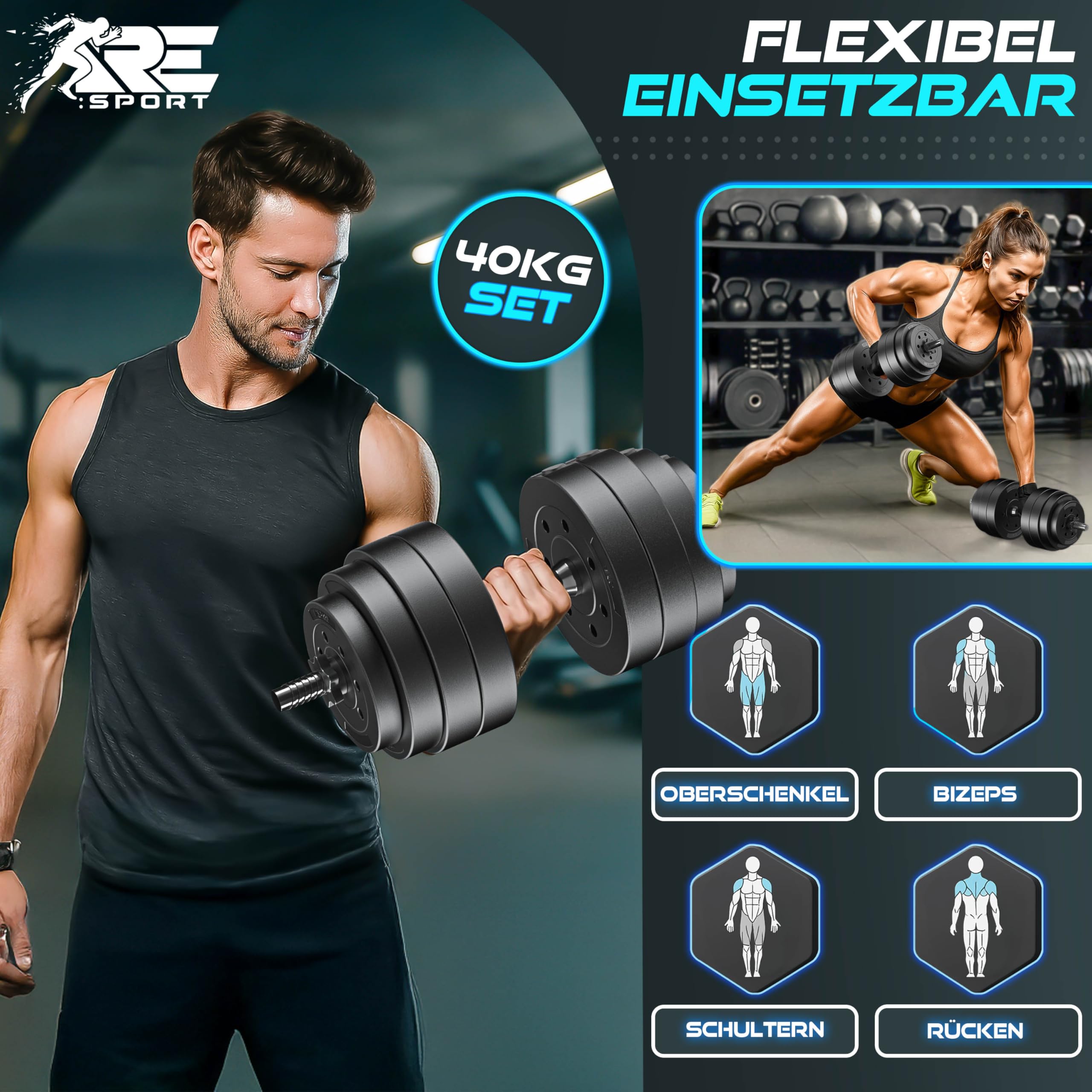 RE:SPORT 2er Hanteln Set verstellbar 15/20/30/40 kg | Hantelset mit 2 Kurzhanteln | Hantel mit Gewichten & 4 Sternverschlüsse | Fitness Kurzhantel für Muskelaufbau, Workout & Zuhause