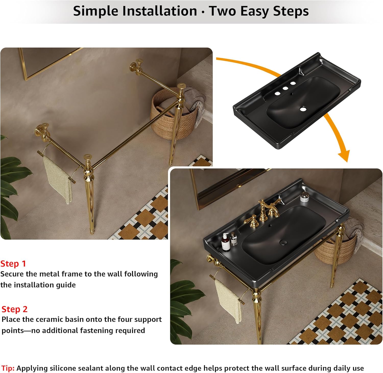 28 Inch Console Bathroom Vanity with Ceramic Sink, Open-Frame Stainless Steel Legs with Towel Bar, 3 Faucet Holes, Wall-Mounted Support, No Faucet (Gold Frame | Black Sink)