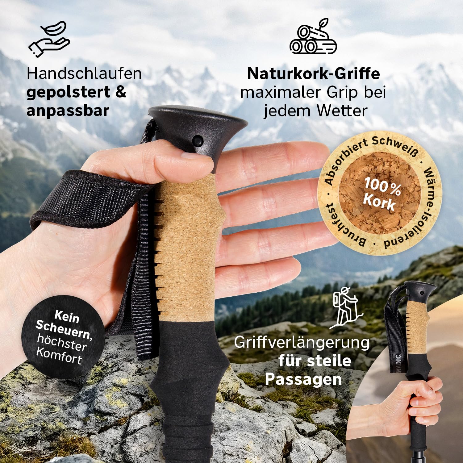 Bastones de senderismo plegables de carbono y aluminio (solo 240 g/295 g) con mango de corcho | Bastones de trekking ultraligeros y ajustables sin niveles, para marcha nórdica, 115-135 cm/100-120 cm, para hombre y mujer