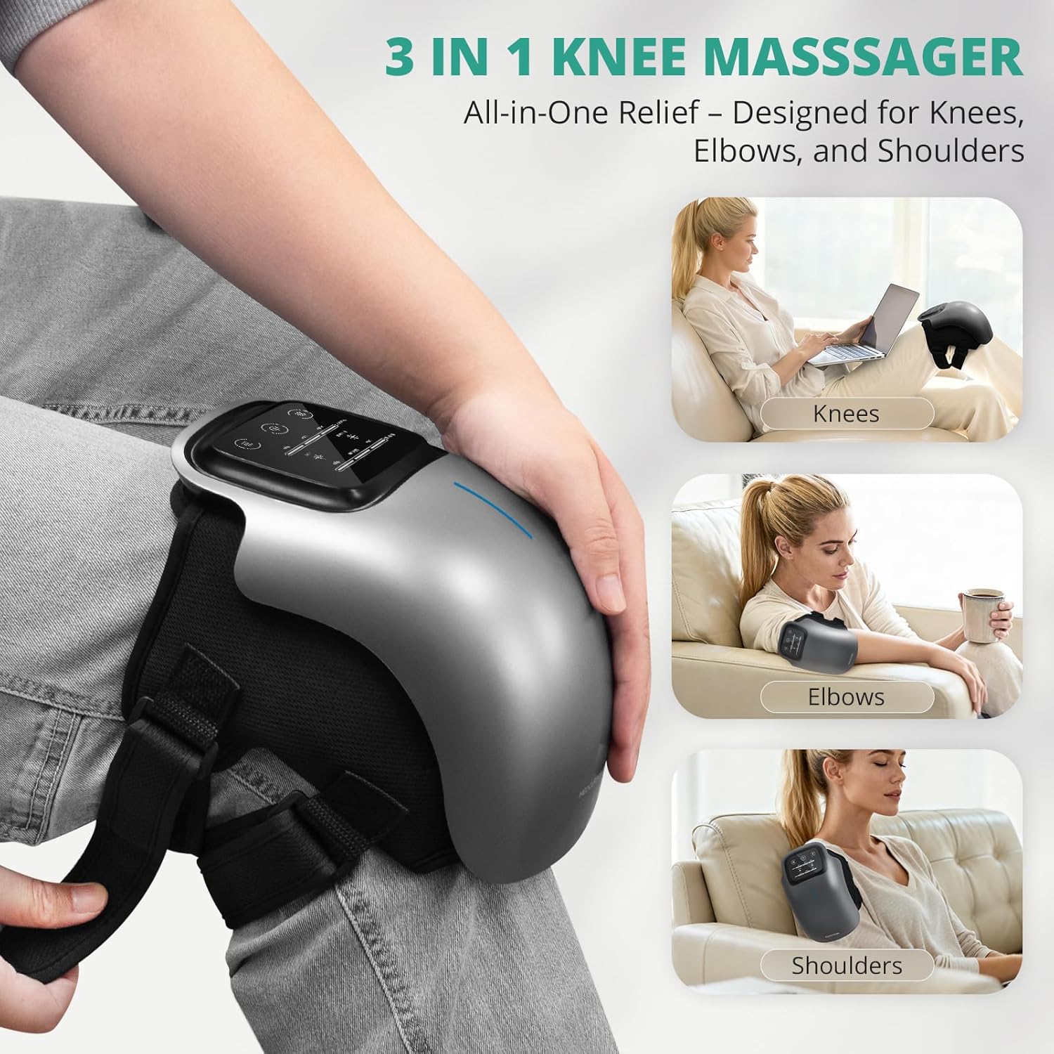 Medcursor Knee Massager with Heat, Cordless Heated Knee Massage for Pain Relief with 3 Heating Levels, 3 Vibration Modes, LED Screen, Adjustable Straps, Gift for Men and Women