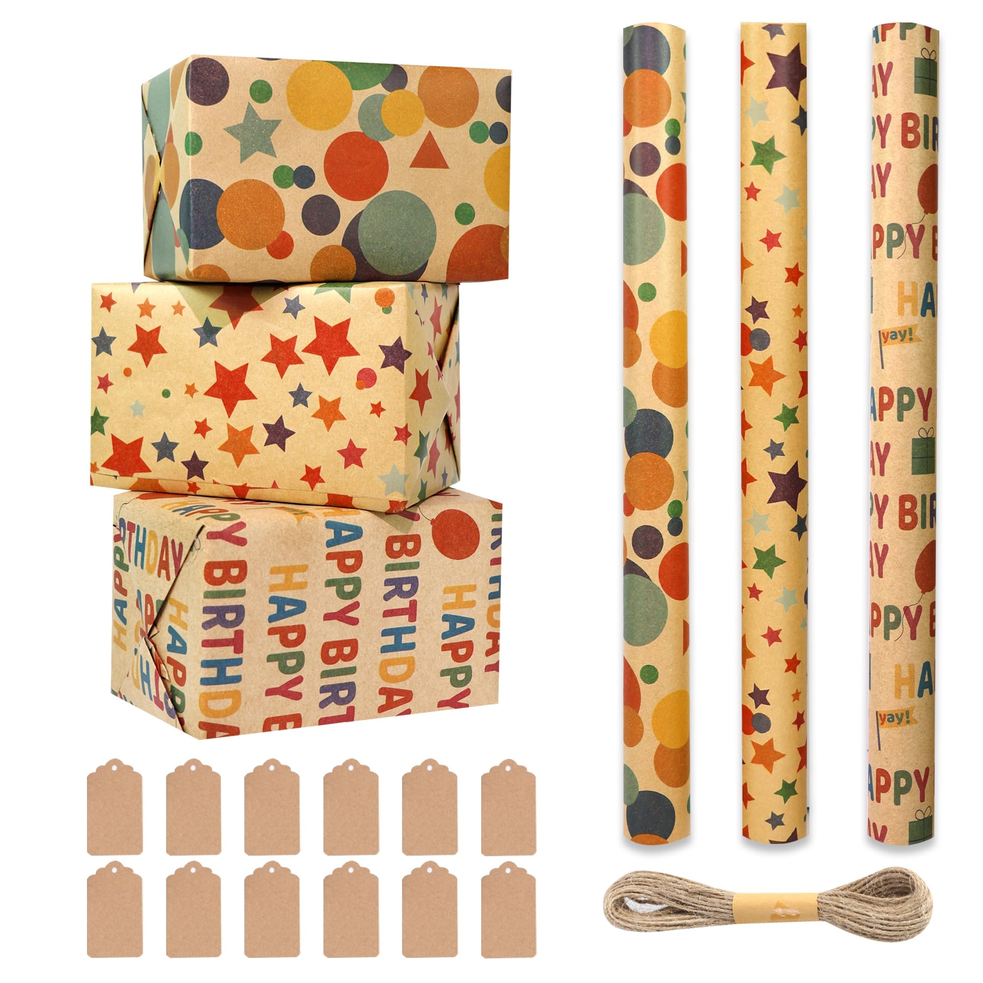Recyclable Birthday Wrapping Paper Roll, 43x300cm Kraft Rolls and Tags, 3 Rolls Happy Gift Wrap for Girls Boys Kids (Kraft Paper A)