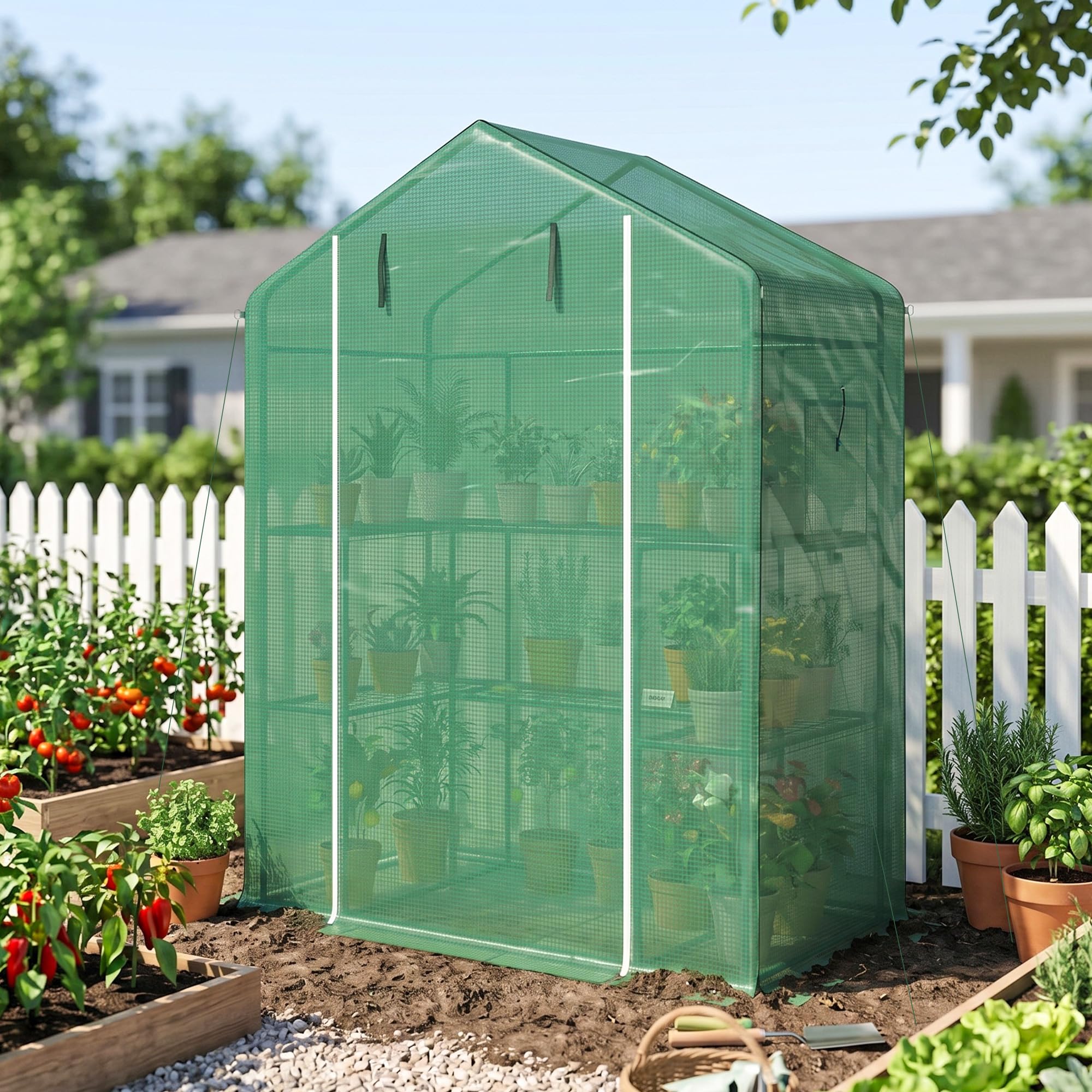 Outsunny Serre de Jardin PE avec Étagères 3 Niveaux 140x73x190 cm Vert | Serre de Balcon, Bâche Renforcée 135 g/m², Châssis en Acier, Porte Zippée Enroulable, pour Légumes Plantes Fleurs