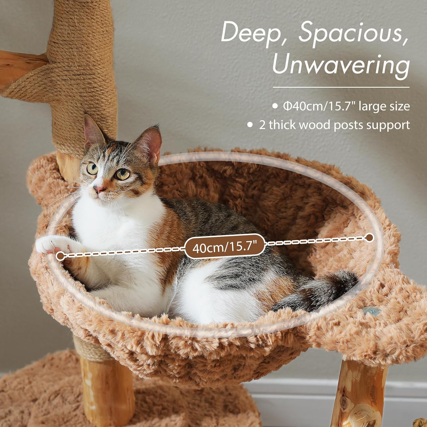 PAWZ Road Cat Tree for Indoor Cats Large Adults, 59 Inches Modern Cat Tower with 3 Large Baskets, Natural Solid Wood, Luxury Condo and Hammock, Modern Furniture for Big Cats, Brown