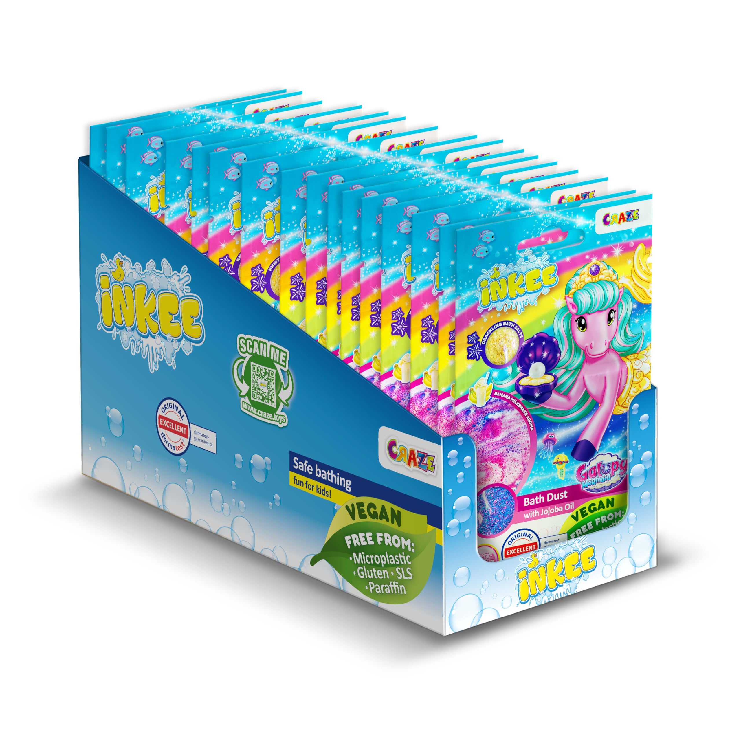 INKEE Granulés de Bain Galupy Mermaid Pack de 16 | Sels de Bain crépitants rose, bleu et violet avec huile de jojoba & arôme Milkshake banane, 16 Sachets de 60g