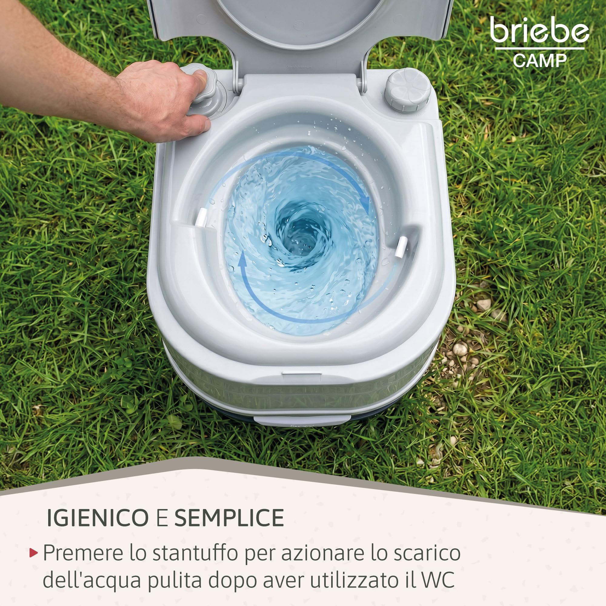 briebe Camp WC Portatile 24L Bagno Chimico, Campeggio, Camper, Roulotte, Barca e Outdoor, Serbatoio di Scarico dell'Acqua con Pompa a Pistone 20L, Potty