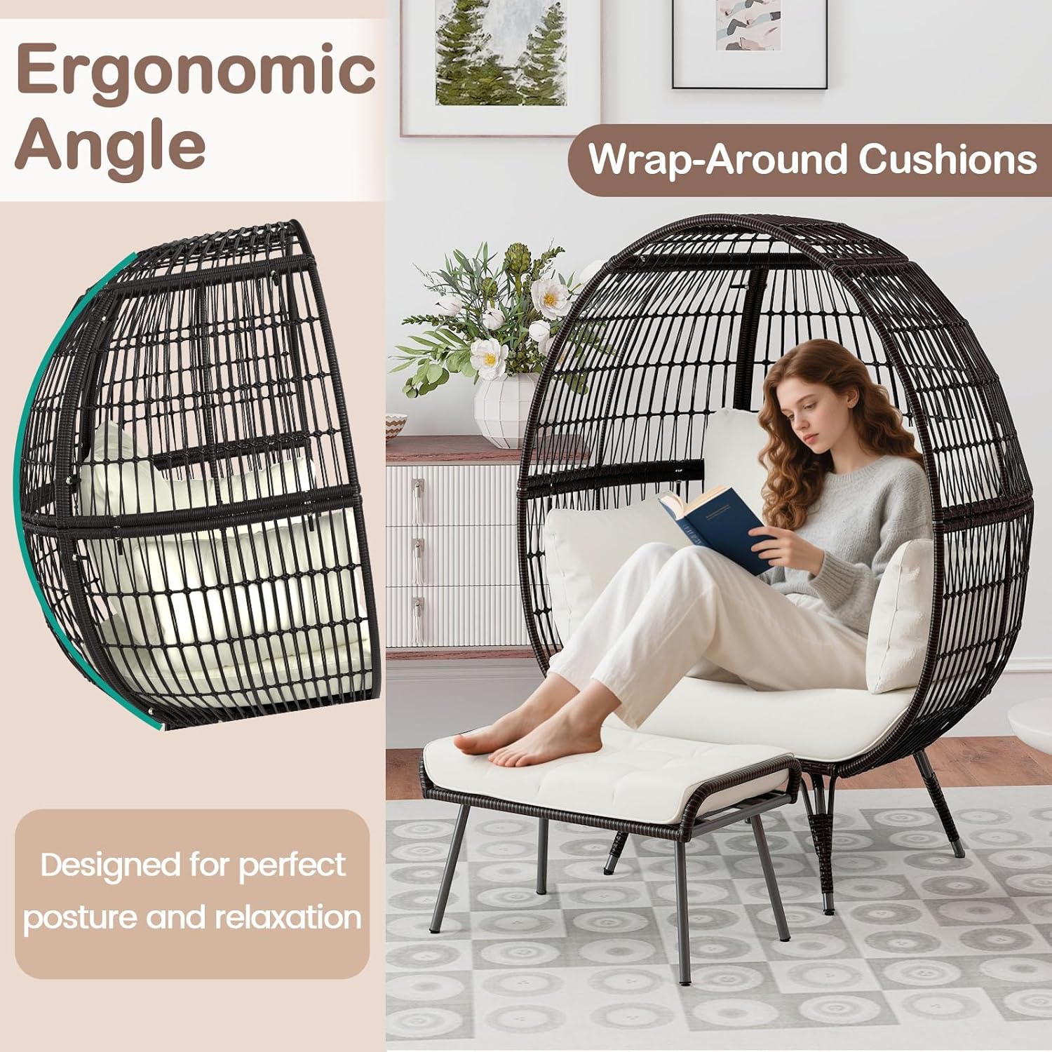 Tangkula Oversized Wicker Egg Chair with Ottoman, Patio Lounge Basket with 5 Soft Cushions, Stable Metal Frame, Gorgeous Indoor Outdoor Lounge Chair, Ideal for Living Room, Backyard, 450 LBS Max Load