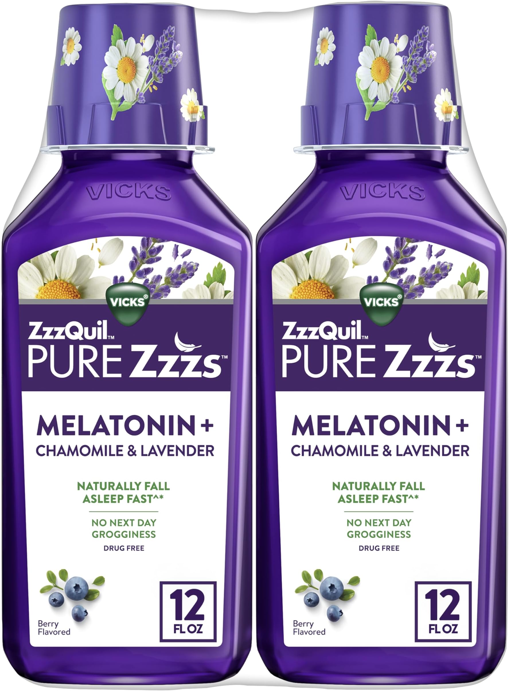ZzzQuil Pure Zzzs Melatonin Liquid, Sleep Aid, Liquid Melatonin 2mg, with Chamomile & Lavender, Fall Asleep Fast, Melatonin Sleep Aids for Adults, Berry Flavored, 2 Pack, 24 FL OZ