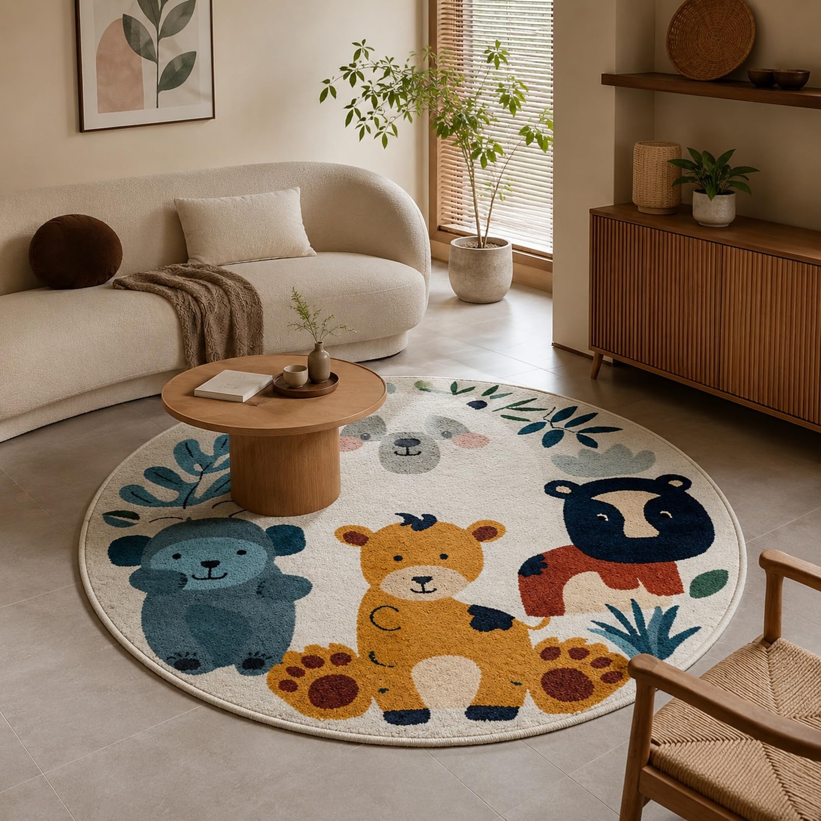 Tapis rond motif floral moderne bleu et jaune de 90 cm lavable