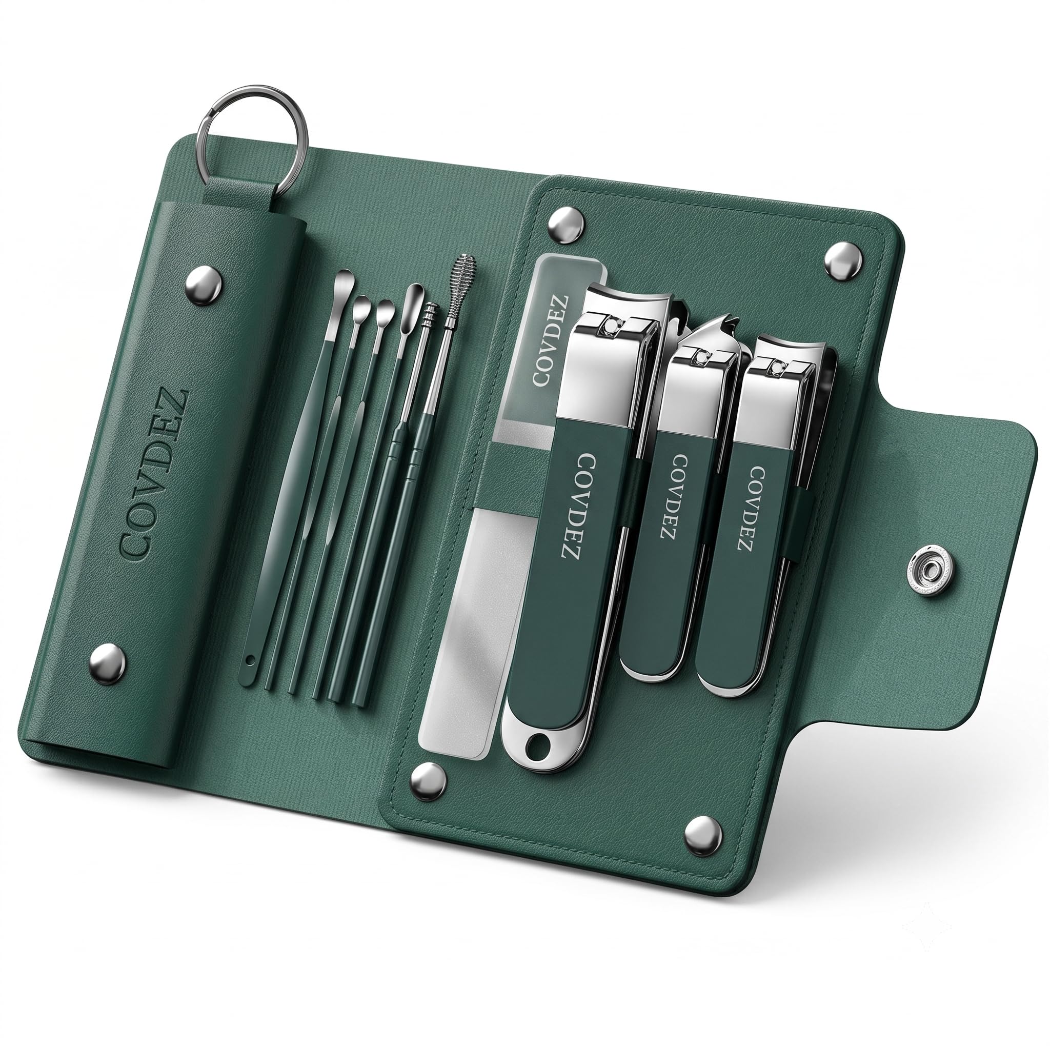 10 in 1 Premium Manicure Pedicure Kit Stainless Steel Nail Cutter Travel Grooming Combo For Men Women Green Leather Case Ear Wax Cleaner Eyebrow Tweezer Complete Nakhun Clipper Set Home Salon Tools-image-2