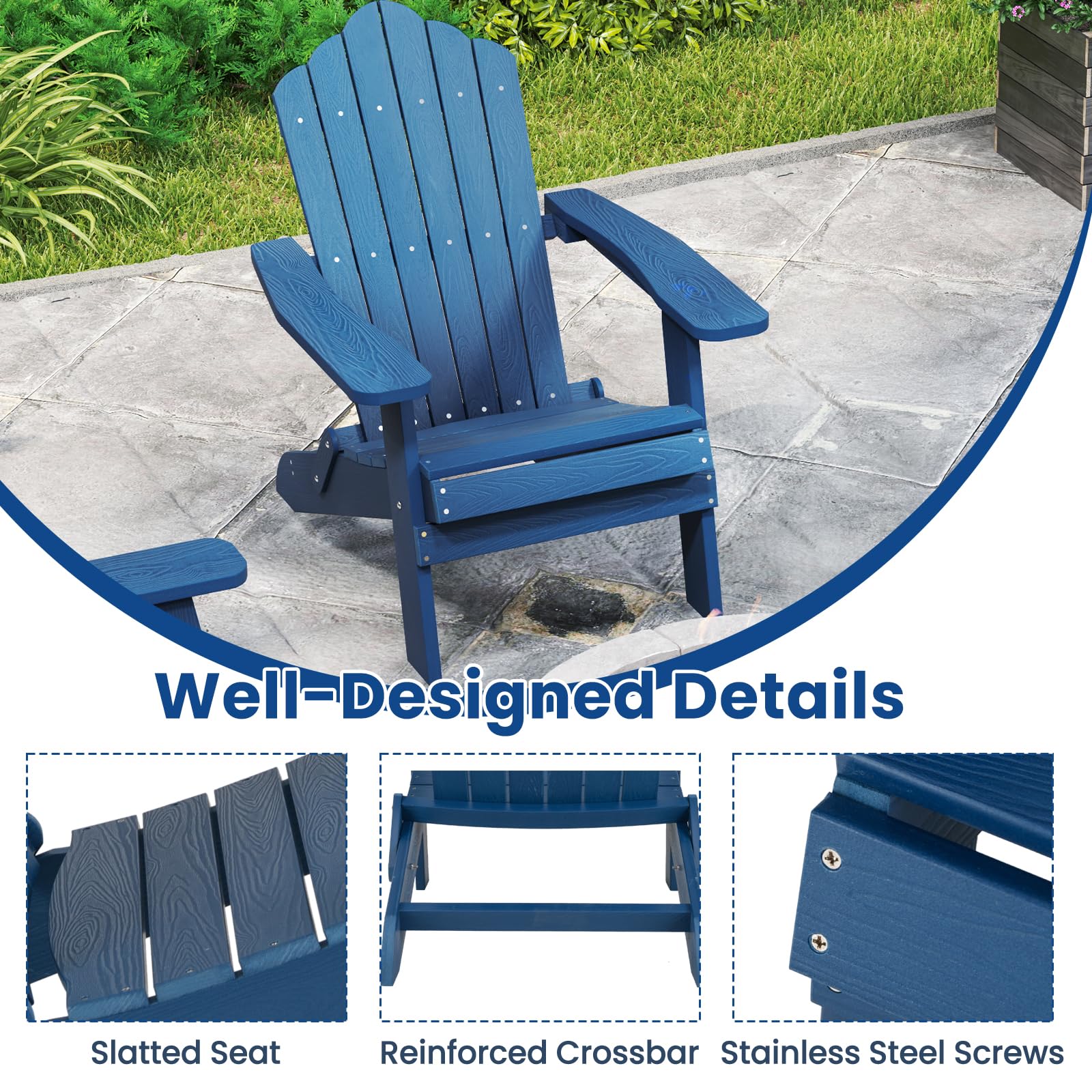 KOMFOTTEU Silla Adirondack Plegable, Silla de Jardín de Hips con Respaldo Inclinado y Reposabrazos Anchos, Sillón Ergonómica con Carga de 180 kg, Asiento de Exterior para Balcón, Terraza (Azul)