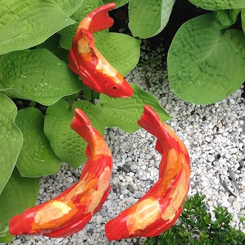 Koi Fish Decor Garden 3 piezas de escultura de pez Koi de resina, estatua de peces de jardín con estaca, para exteriores, patio, césped, estanque y