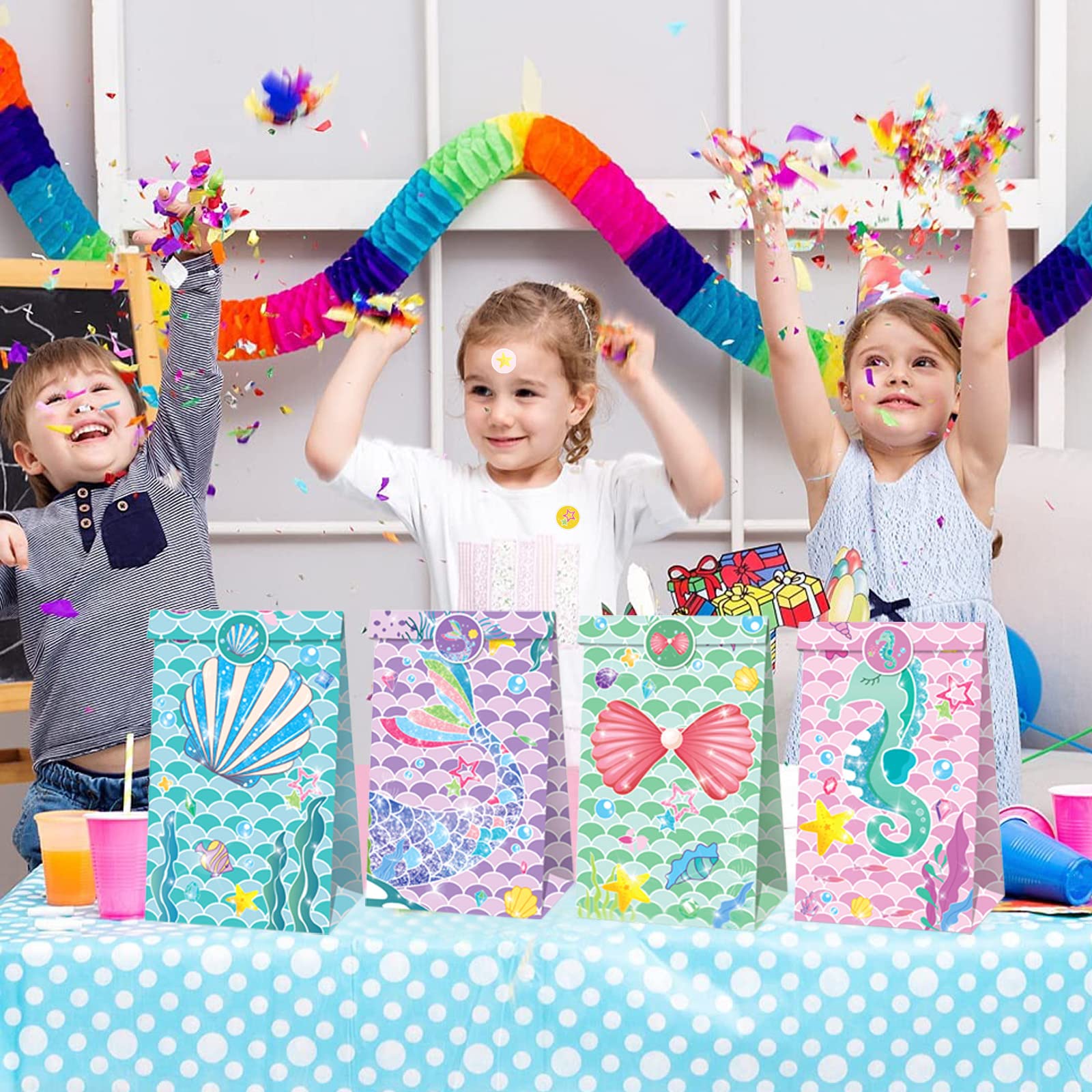 Fazvncv Confezione da 12 sacchetti di imballaggio per feste a forma di sirena, con manico, per caramelle, biscotti, per compleanni e celebrazioni