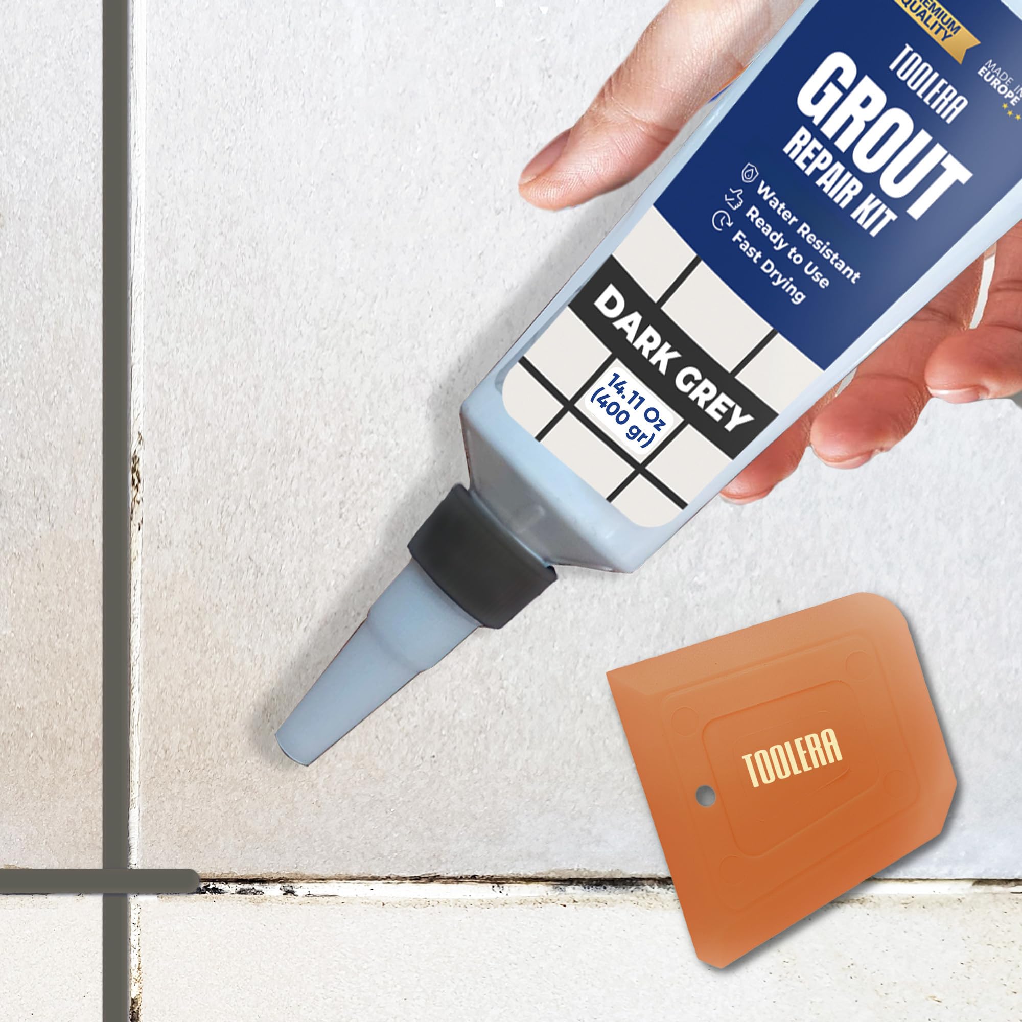 Tile Grout Repair Paste with Spatula 400 gr, Grout Filler, Fast Drying Grout Repair Kit, Odorless Formula, Grout Repair for Bathroom Shower Kitchen Floor Tile (Black/Dark Grey)