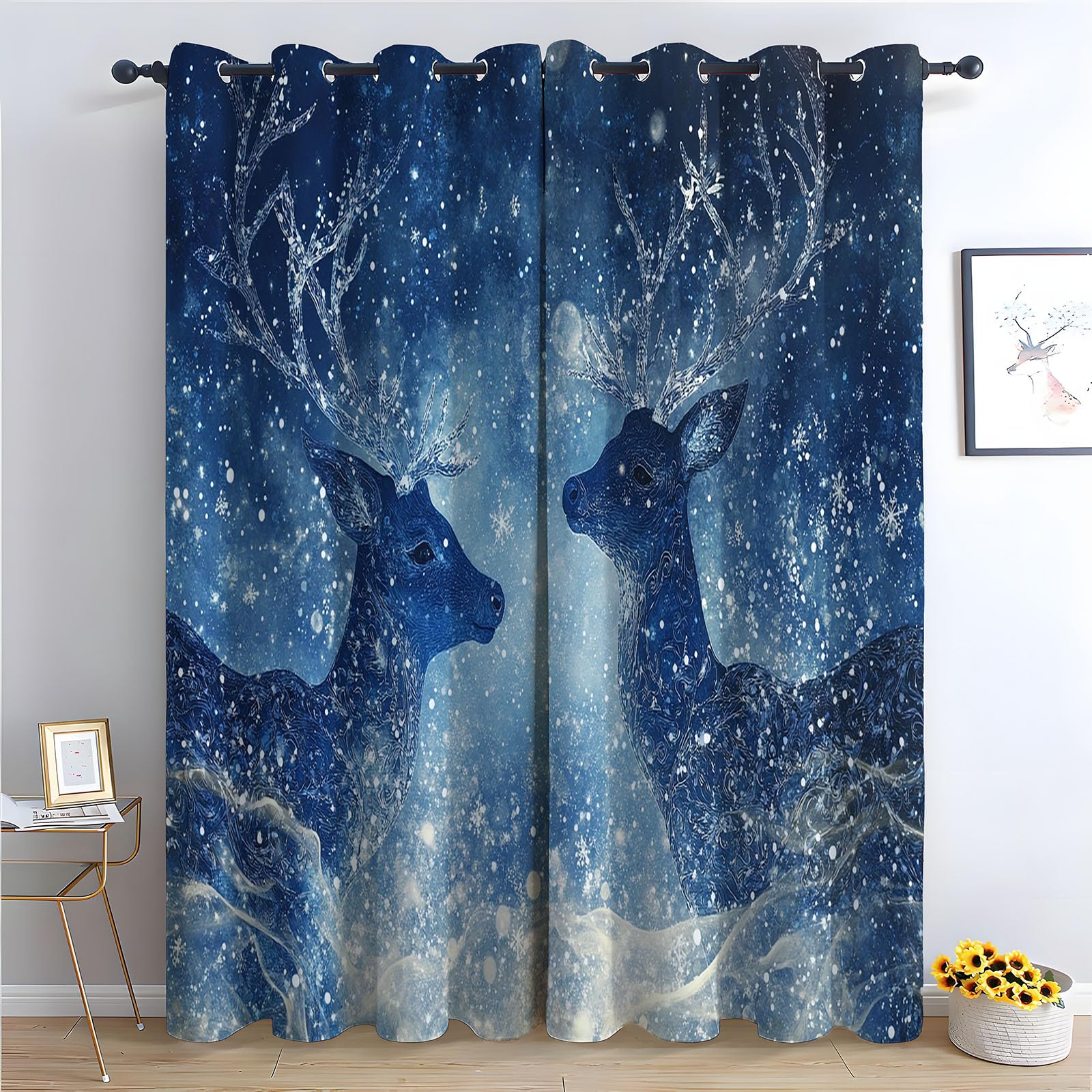 WQBQKKX Plants Curtains Deer Green Patterned Curtains Vintage Art Deco Drapes Thermal Insulated Room Darkening Curtain-52 W x 108" L (Pack of 2)