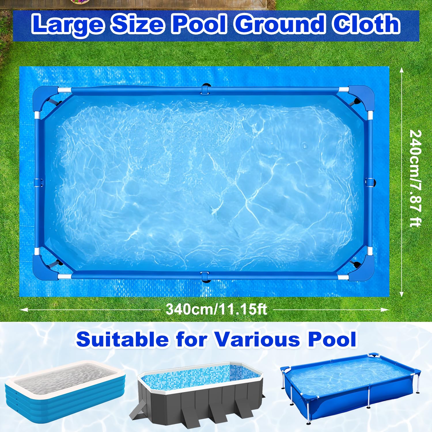 2.4m x 3.4m Retangular Pool Ground Cloth, Foldable Swimming pool ground Mat Sheet Waterproof Outdoor Floor Protector for Above Ground Pools Hot Tub Spa — view 3