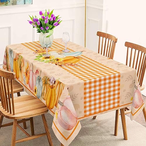 Miniatura 8 de Unibyby Mantel de otoño, rectangular de 60 x 104 pulgadas, diseño de calabazas de otoño con hojas de arce otoñal, mantel a cuadros naranjas,