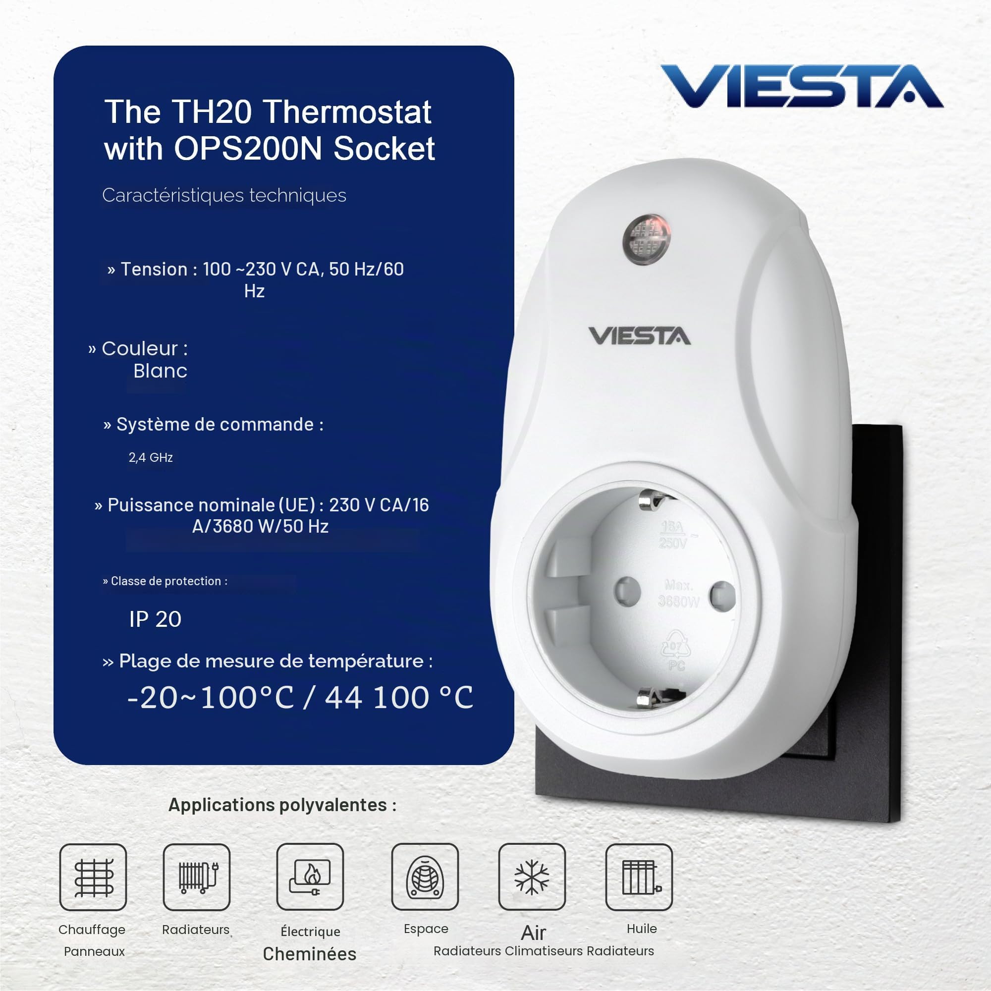 TH20 Thermostat sans Fil à Prise (230V/3600W) – Digital, programmable, avec télécommande, Programme hebdomadaire, minuterie, Commande 2,4 GHz, Modes Confort/Auto/Manuel et Protection antigel