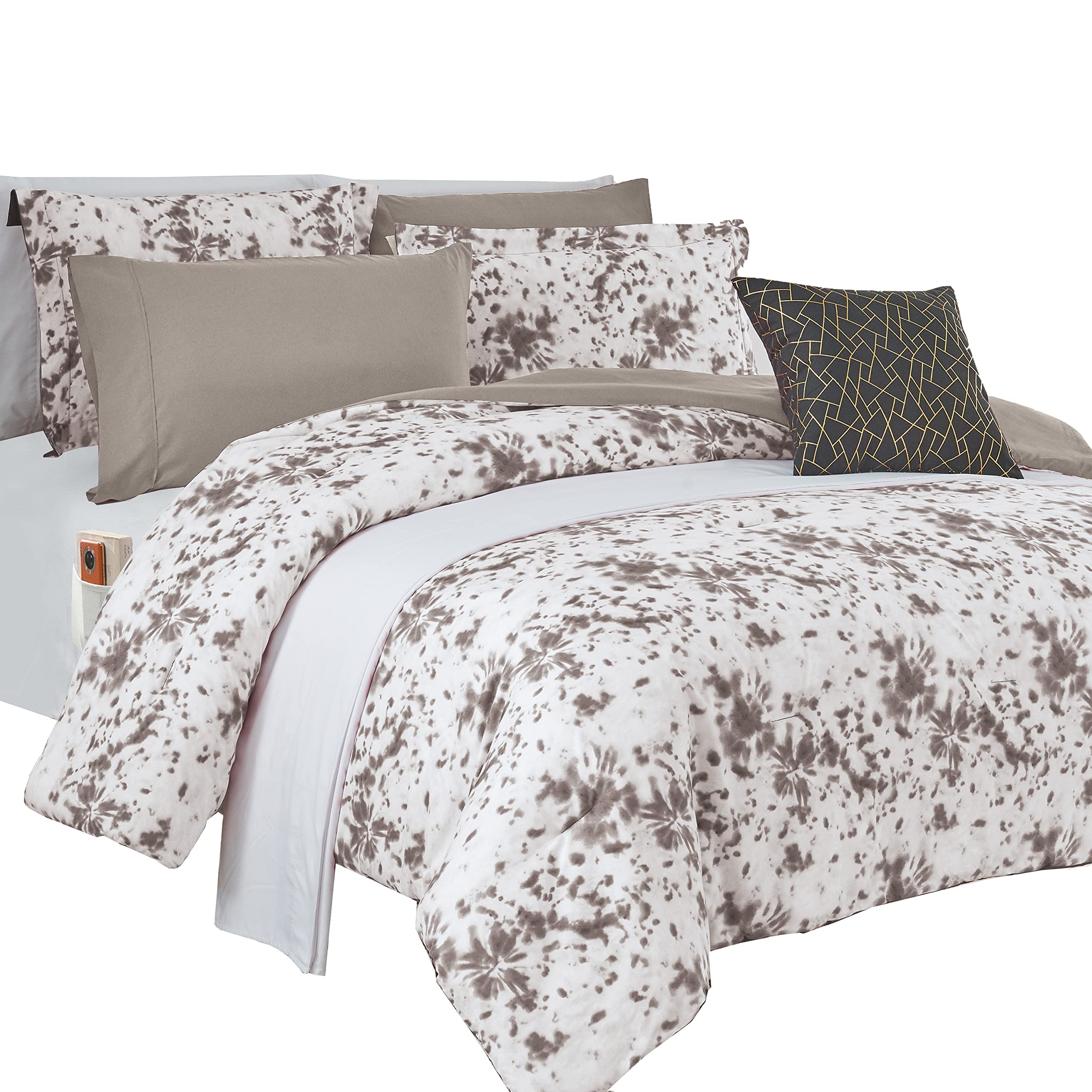 Elegant Comfort Reversible 10-Piece Comforter Set, Tie-Dye Print, Decorative Pillow and Fitted Sheet with Smart Pockets, Soft, Plush, Lightweight Material, 10pc Tie-Dye Set, Queen, Gray