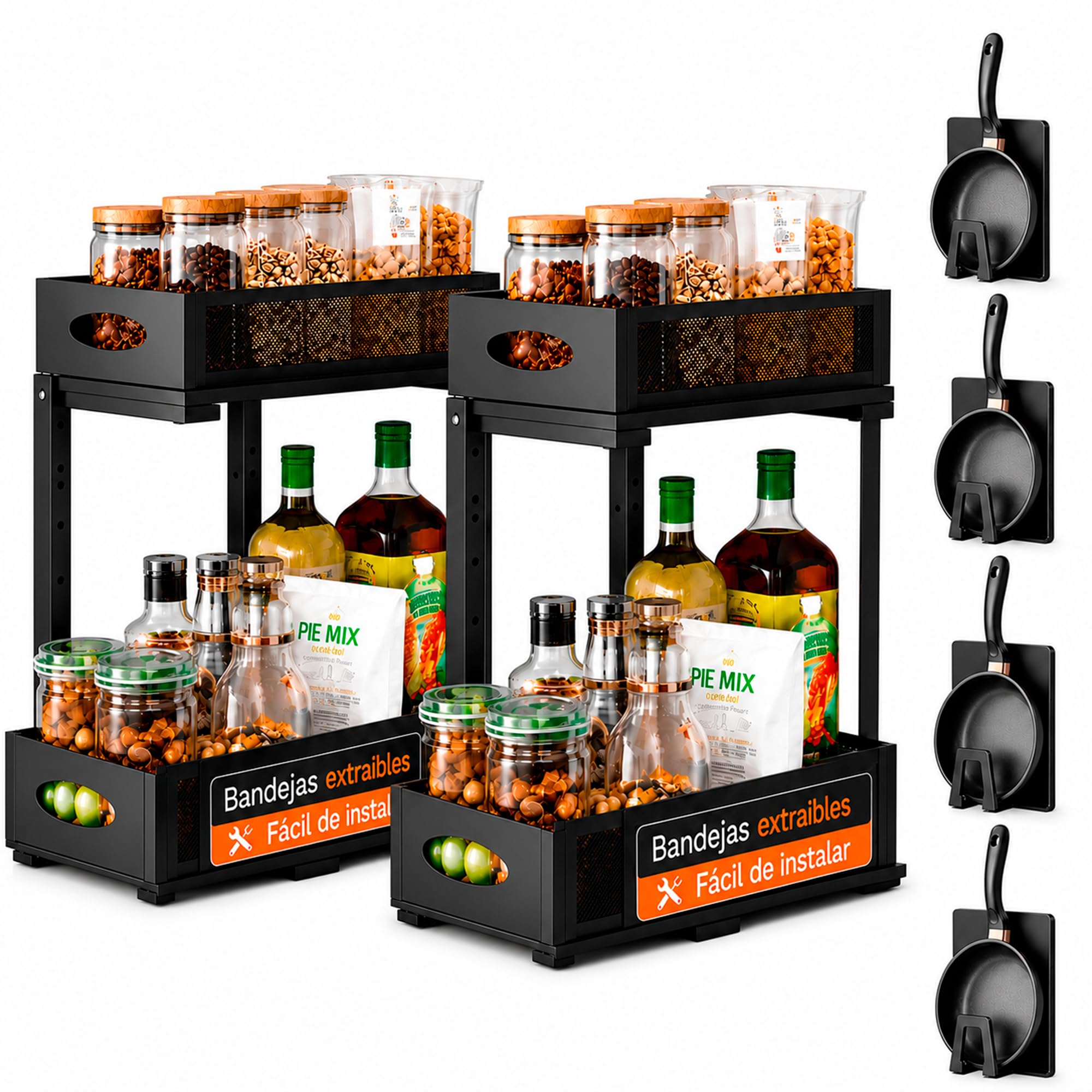 XARA Organizador Bajo Fregadero Metal Negro Pack 2 | Doble Altura, Bandejas Extraíbles