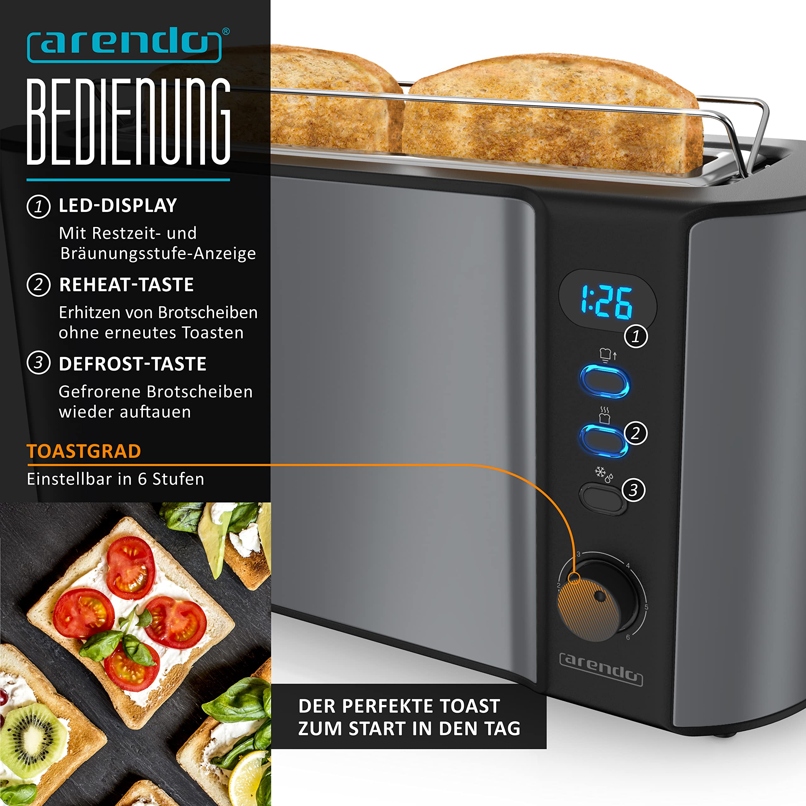 Arendo Wasserkocher Toaster SET Edelstahl Cool Grey 1,5L 40°-100°C 2 Scheiben LED-Display 6 Bräunungsgrade