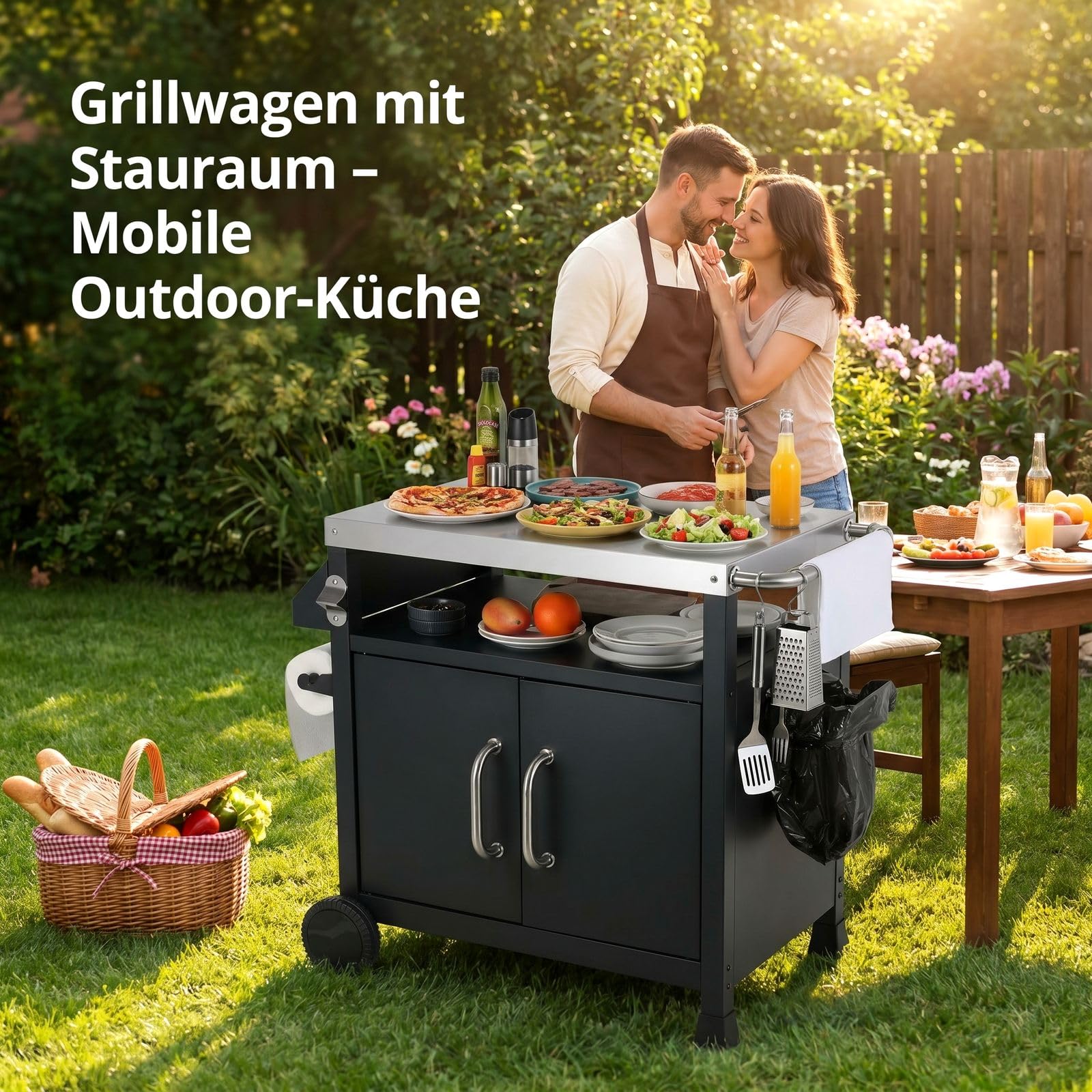 TLSUNNY Grilltisch Outdoor mit Edelstahl Tischplatte | Grillwagen mit Unterschrank, Servierwagen mit 2 Rollen, für Garten, Terrasse, Balkon, Partys, BBQ Beistelltisch