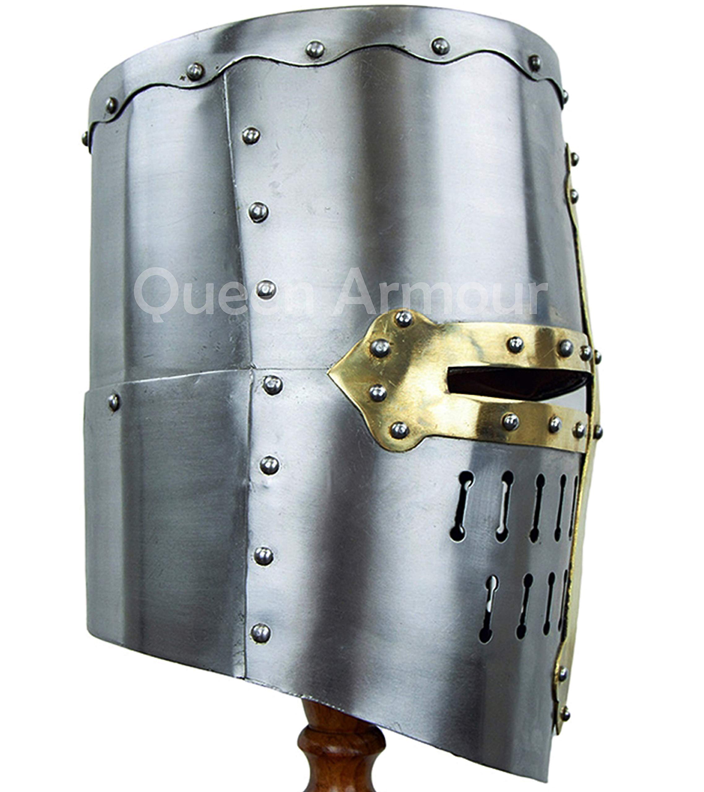 Queen Armour Medieval 13th Century Great Helmet Brass Cross German Gladiator Burgonet Helmet European Kettle Hate Viking Mask Barbuta Crusader Armour Italian Nasal Normal Pig Face