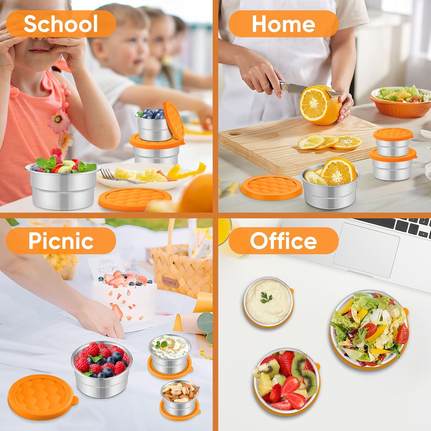 TeamFar Stainless Steel Snack Containers for Kids, (3oz, 6oz, 12.85oz) Leak-proof Round Food Container with Silicone Lid, Metal Lunch Box for Toddlers Adults Daycare School, Set of 3 (Orange) - Image 4