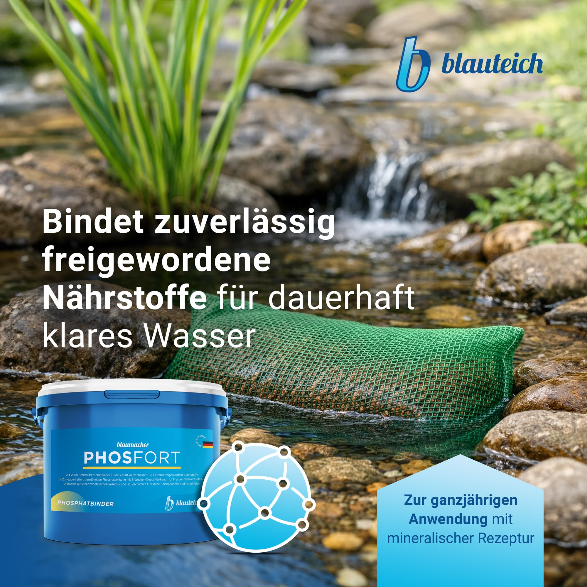 blaumacher PHOSFORT Phosphatbinder - ganzjährig anwendbare Teichpflege zur dauerhaften Phosphatbindung und Algenvorbeugung im Teich Pflanzenteich Fischteich Koiteich (1 kg)