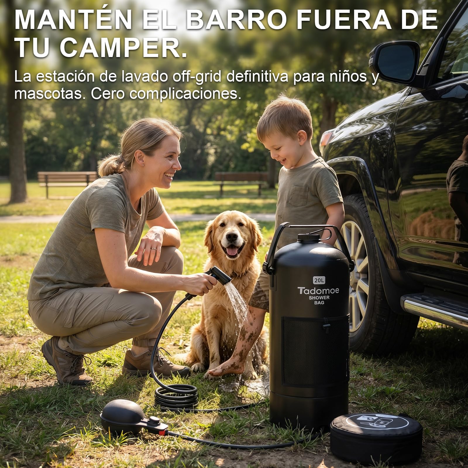 Ducha Portátil de Camping 20L con Bomba de Pie y Manguera 2m | Presión a Pie, Uso sin Colgar, Ideal para Camper, Surf, Playa, Perros, Bolsa de Transporte