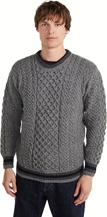 Aran Woollen Mills 100% Merino Wool Aran Sweater for Men Classic Cable Knit Crew Neck Pullover