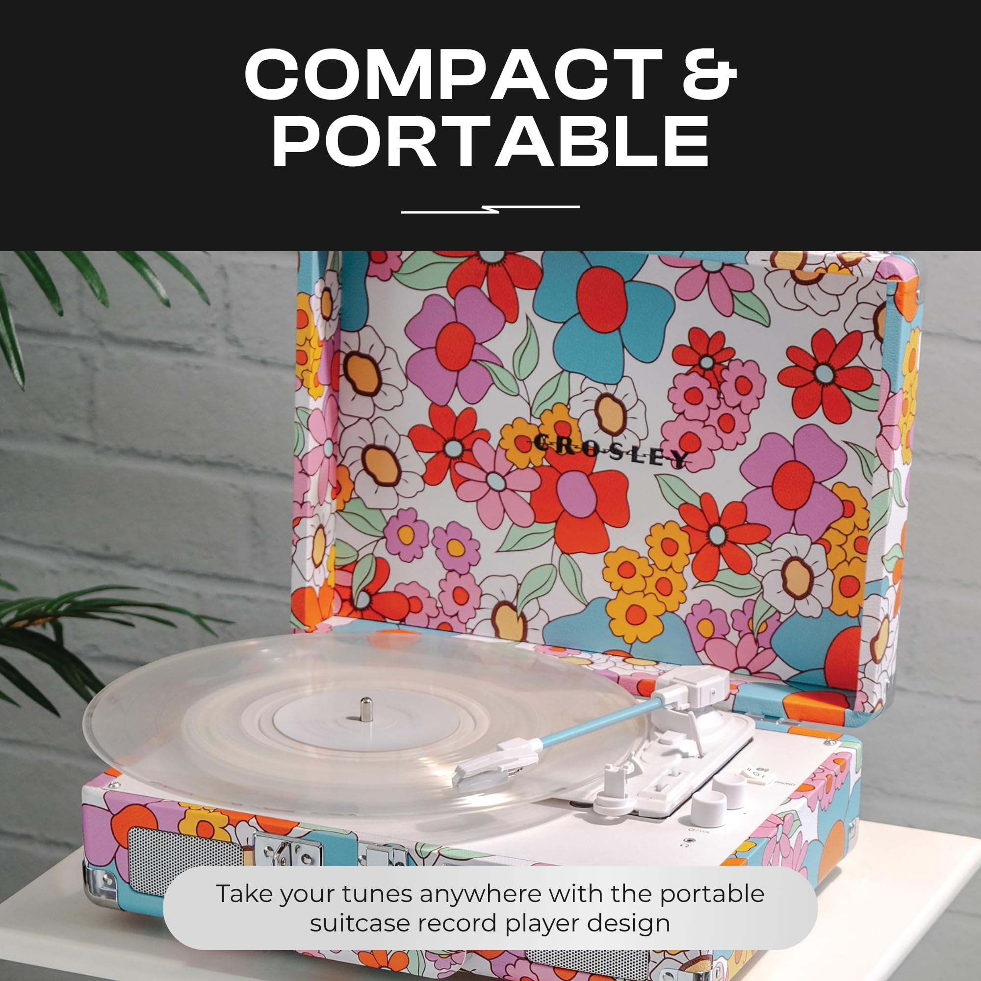 Crosley Cruiser Plus Tourne-Disque rétro avec 2 Haut-parleurs, Bluetooth in & Out et Aux 3 Vitesses, Tourne-Disque rétro, pour Vinyle de 7", 10" et 12", Portable avec Mallette intégrée, Fleurs Groovy