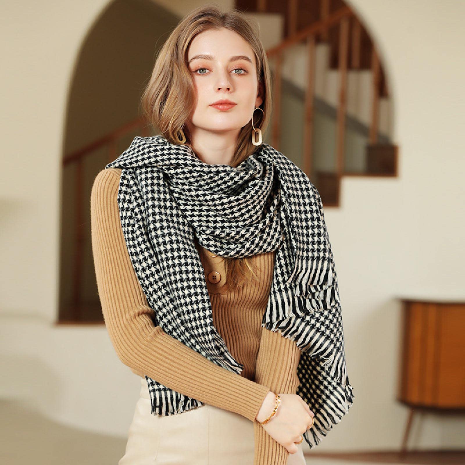 LuisFranklin Schals Damen Tücher Halstuch Scarf Damen Warmer Dicker Karierter Schal Schal Damen Langer Schal Mit Kurzer Quaste