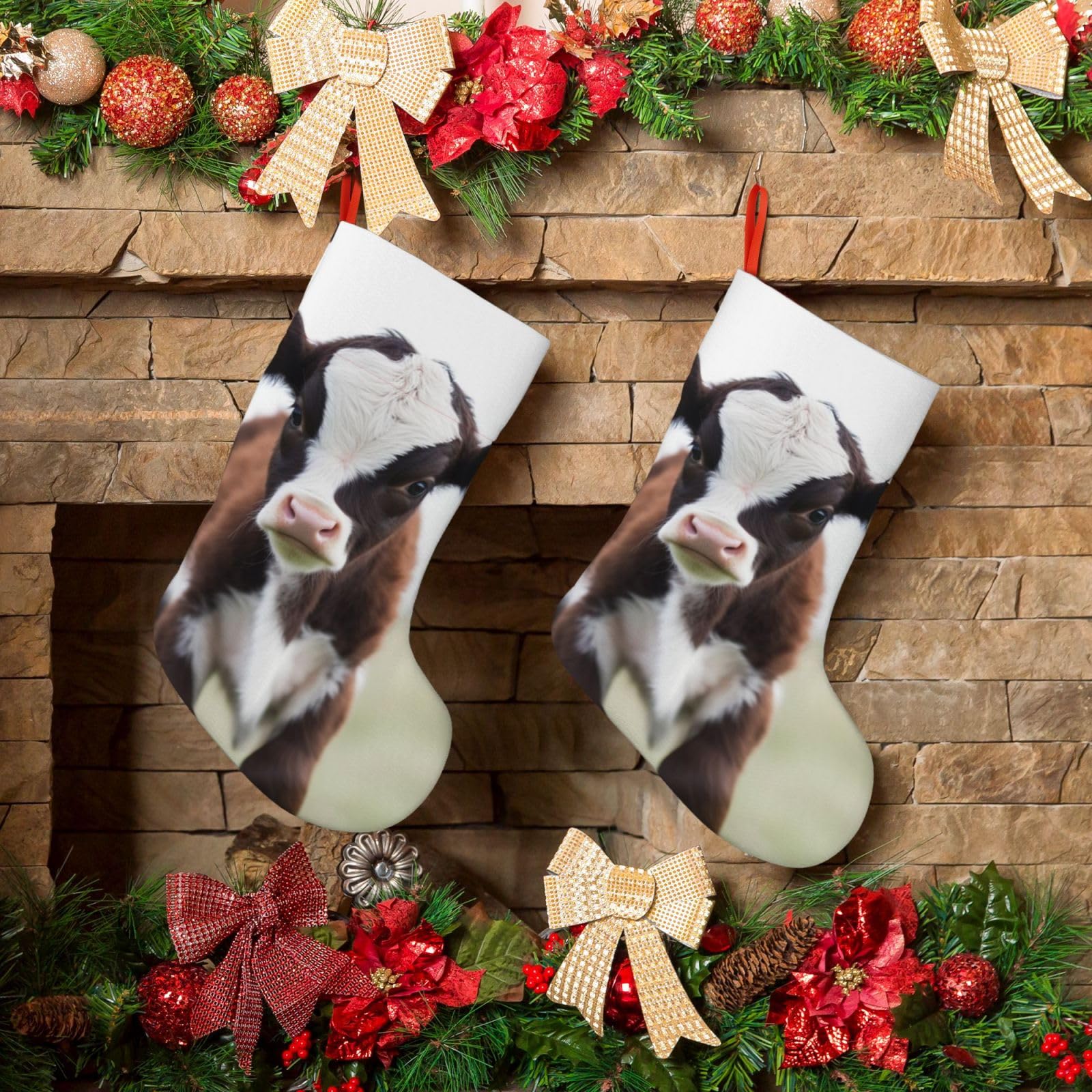 Fodpand Boys Black Cow Christmas Stockings Hanging Ornaments For Holiday Decor, 18 Inches Velvet Fireplace Hanging Xmas Stocking, Candy Gift Bags For Christmas Decorations