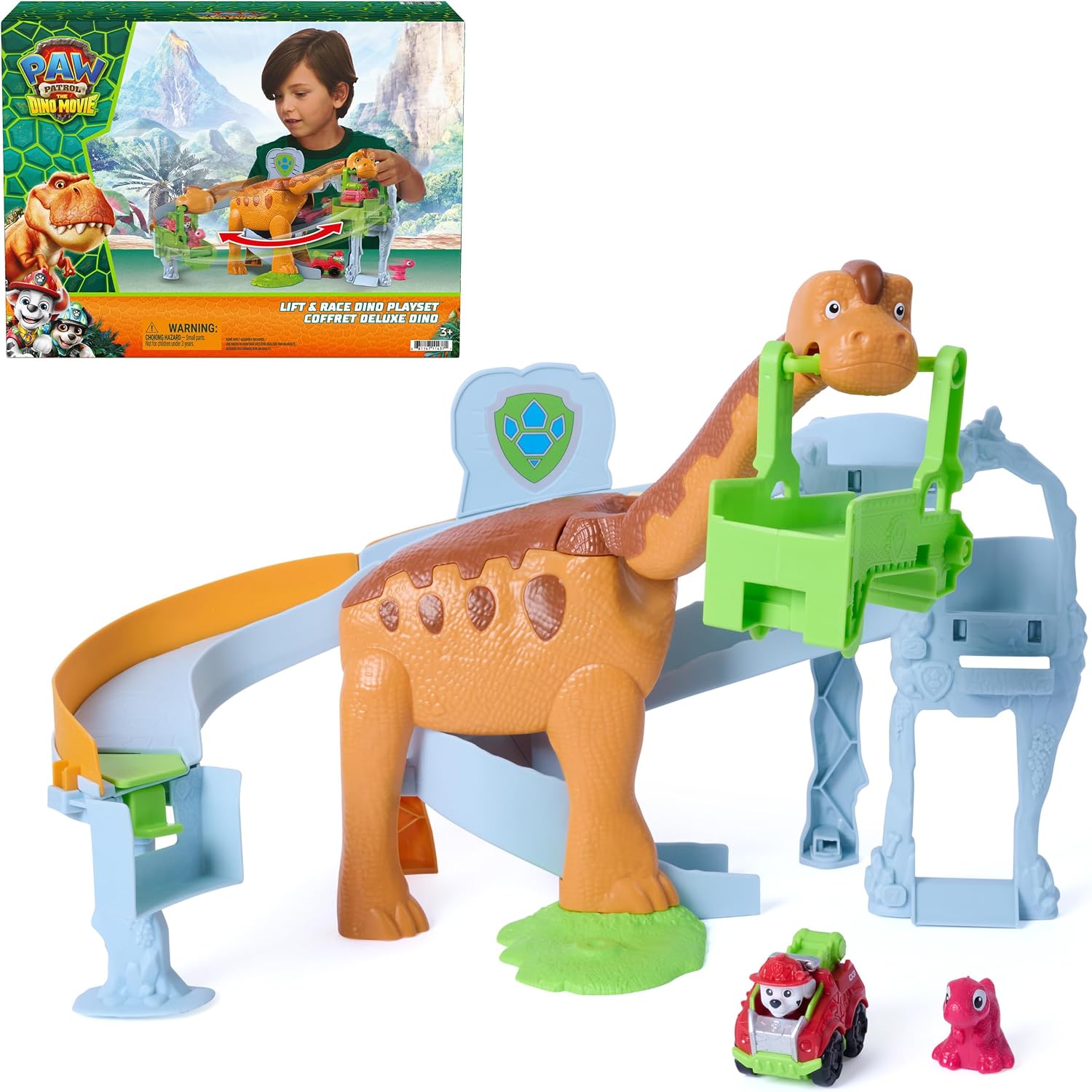 PAW Patrol: The Dino Movie Lift & Race Dino Playset with 10" Tall Dinosaur | Adventure Playset, 2 Interactive Tracks, Marshall Pup Squad Racer, Rhubarb Action Figure, Kids Toys for Boys & Girls Ages 3+