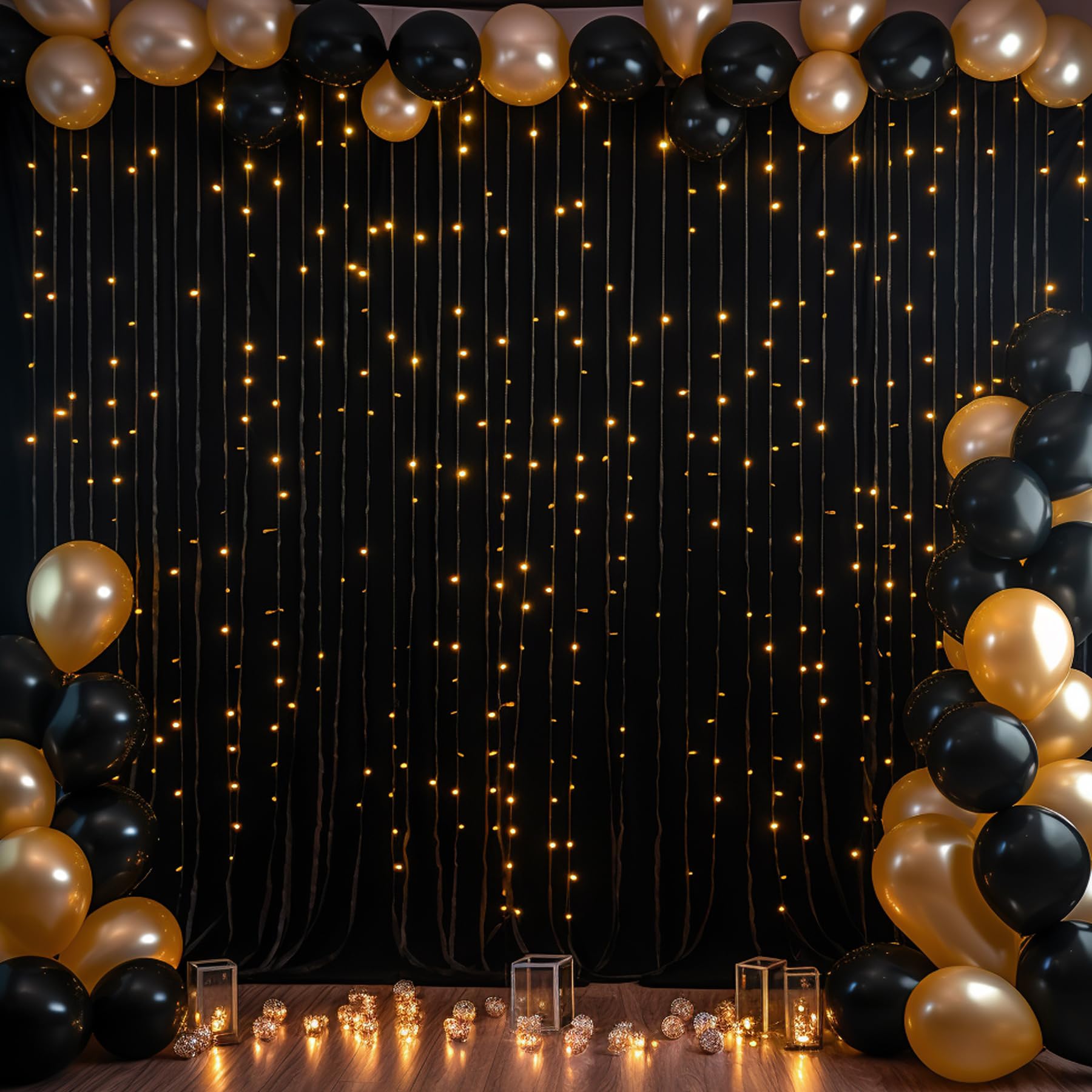 Black Backdrop Curtain with Lights String for Parties,10x10FT Wrinkle Free Black Drapes Wedding Photo Backdrop Curtains for Baby Shower Birthday
