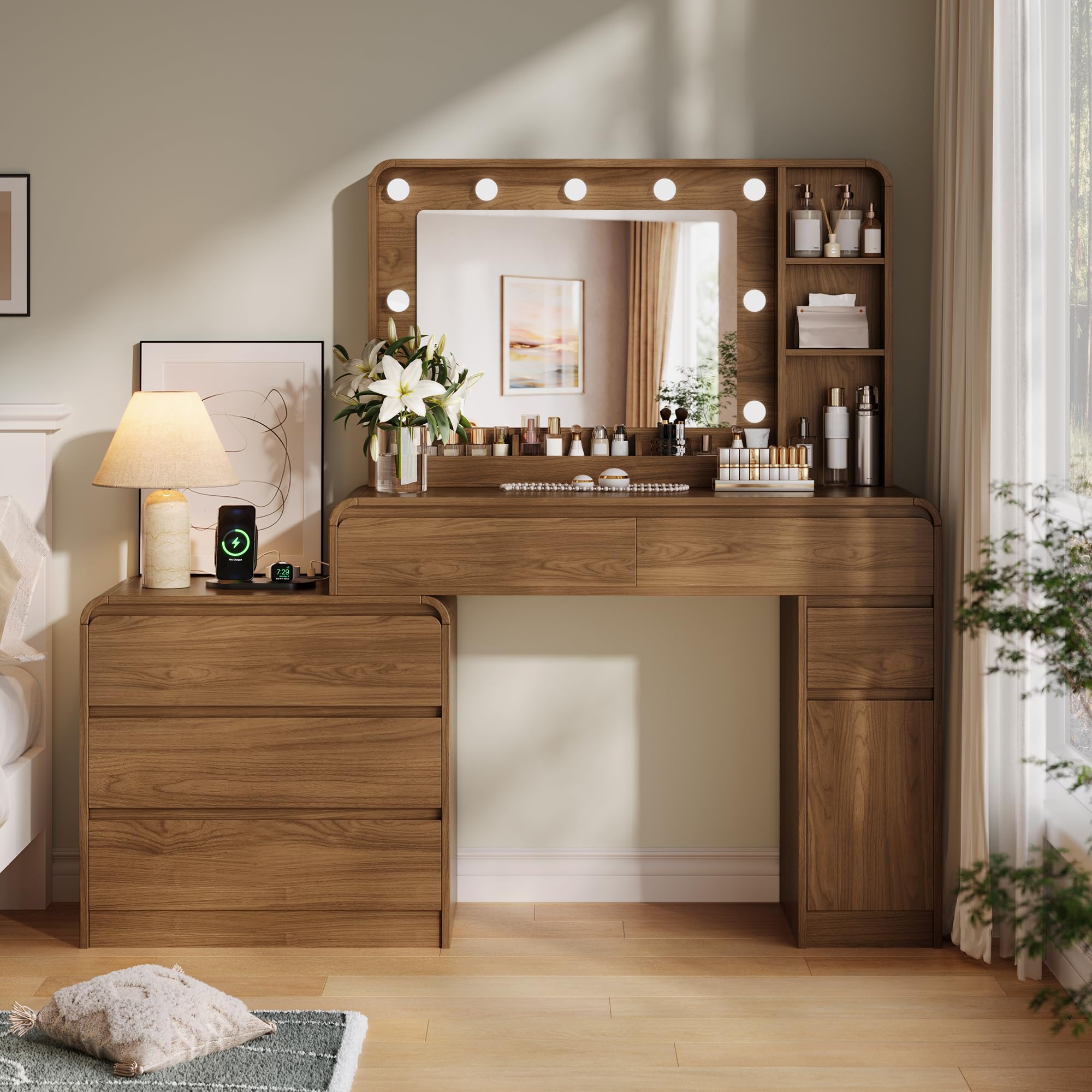 60" Makeup Vanity Desk with Mirror and Lights, Makeup Desk with 3 Drawer Dresser Large Vanity Table with 6 Deep Drawers & Cabinet, Vanity Desk with Large Mirror and 3-Color Lights for Girls Walnut